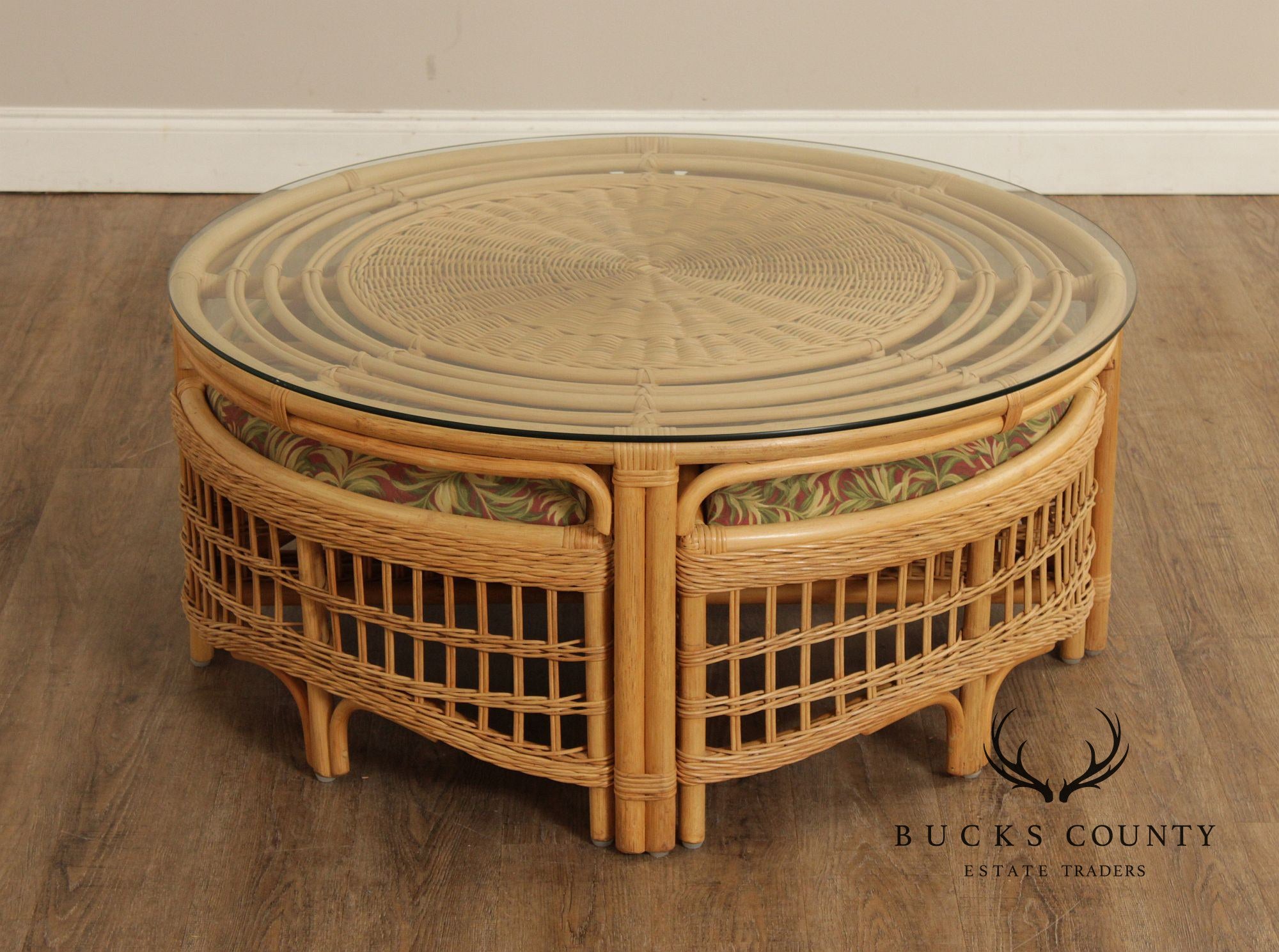 Braxton Culler Raffles Collection Round Rattan Coffee Table with Stools