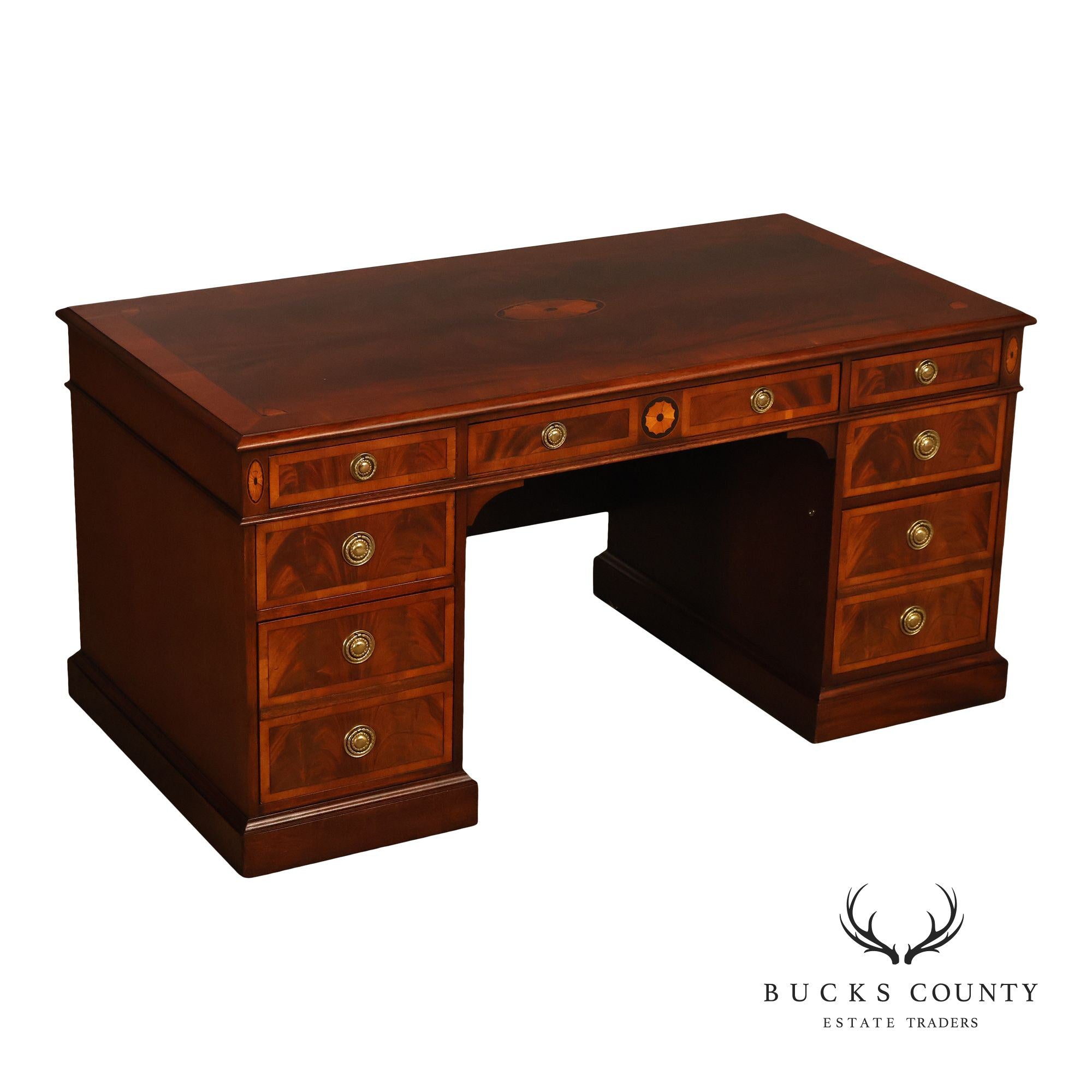 Hekman Traditional Mahogany Inlaid Seven Drawer Executive Desk