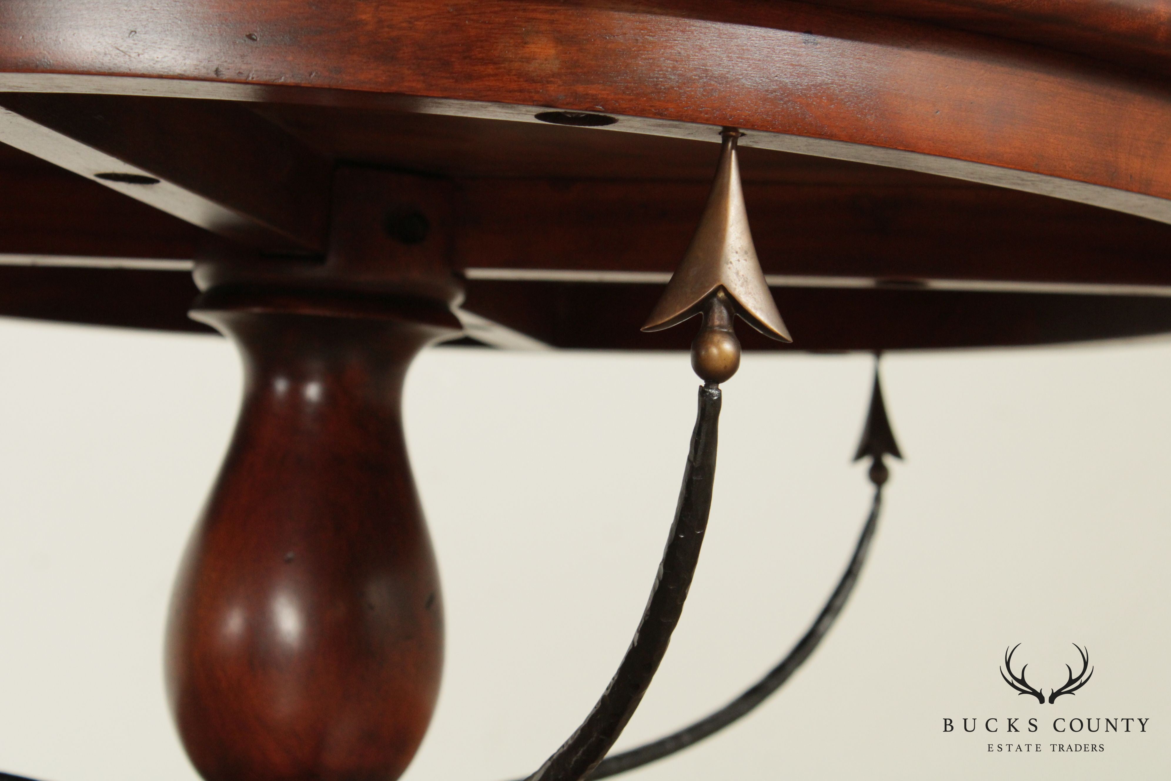 Neoclassical Style Round Solid Mahogany Center Table with Crossed Arrows, Bronze Claw Feet