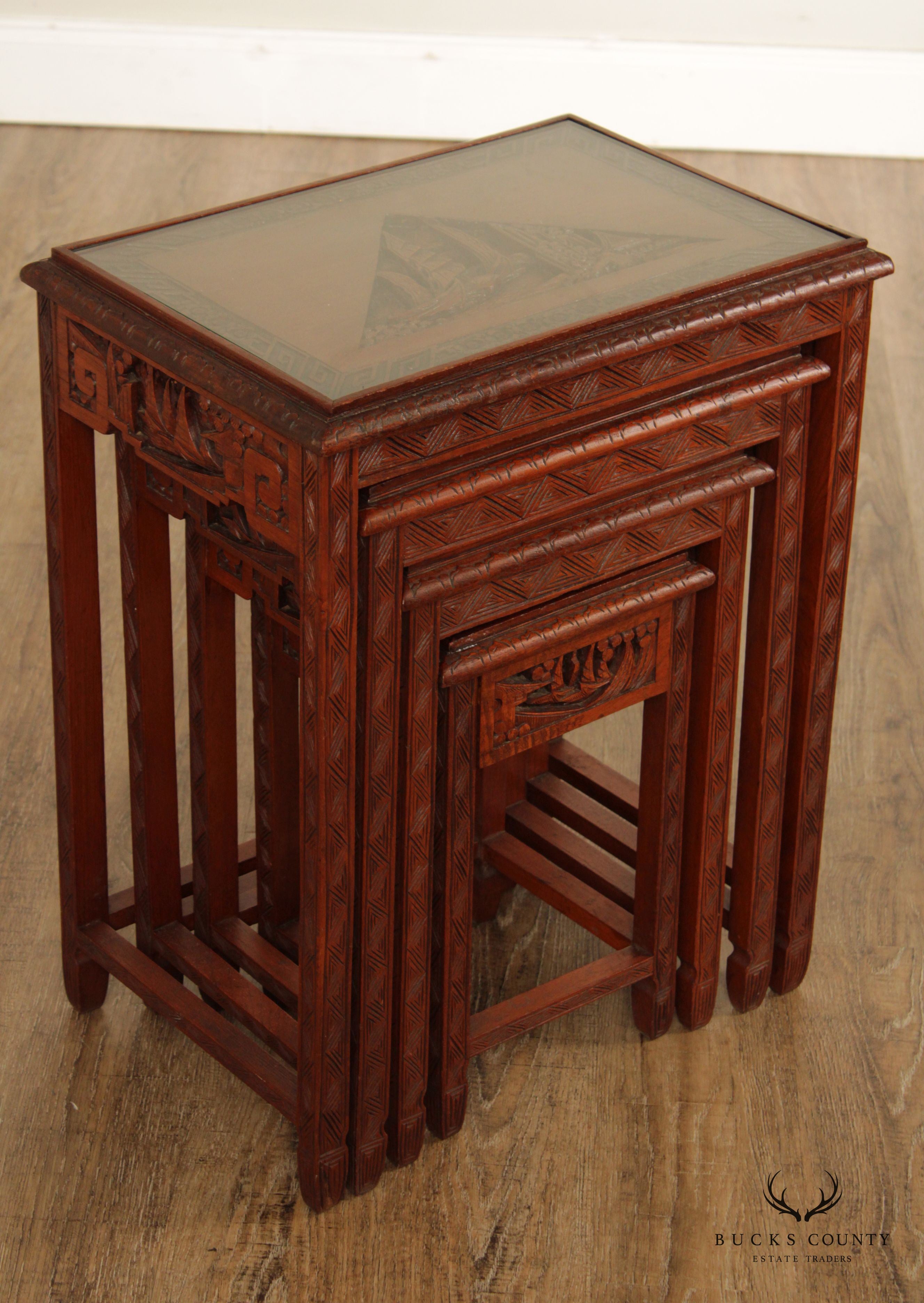 Chinoiserie Carved Set of Four Hardwood Glass Top Nesting Tables