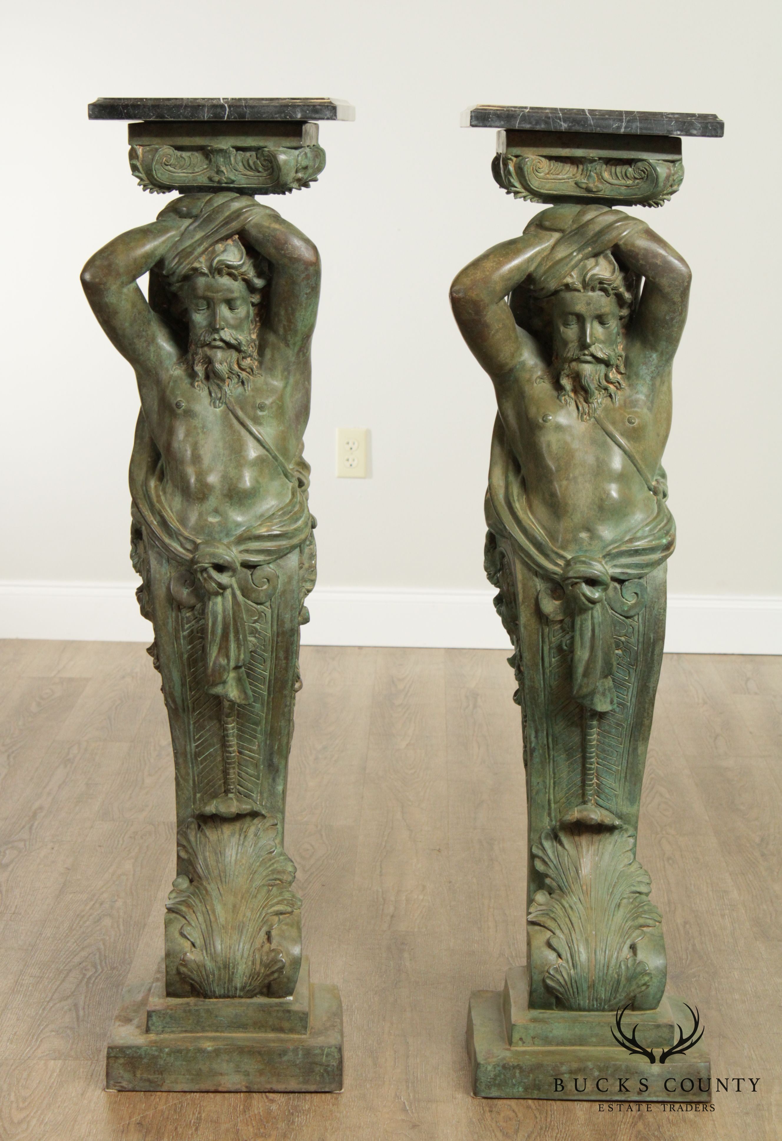 Bronze Marble Top Pair "Telamon" Greek God Statues, 48" Pedestals