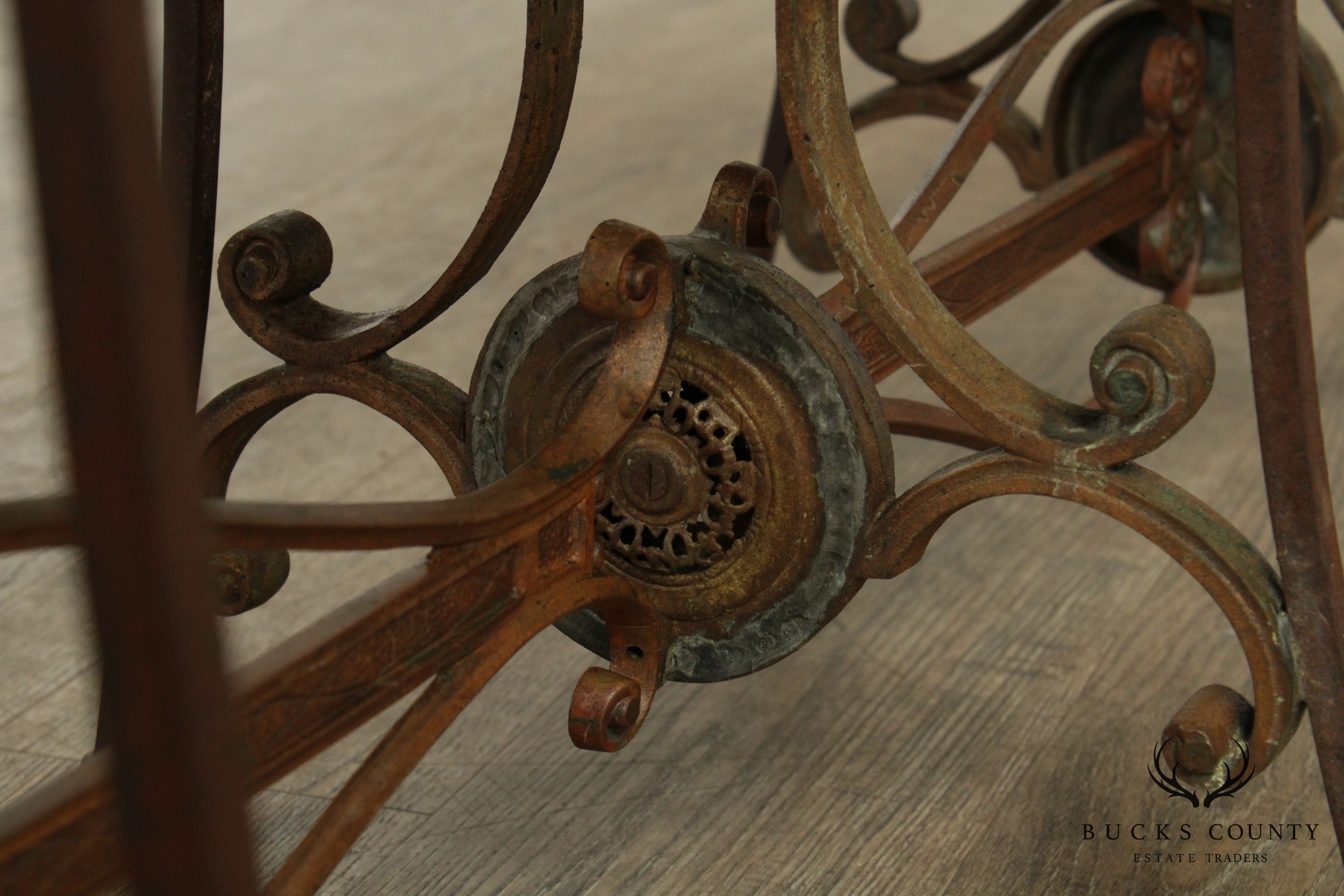 Antique Wrought Iron Leather Seat Bench