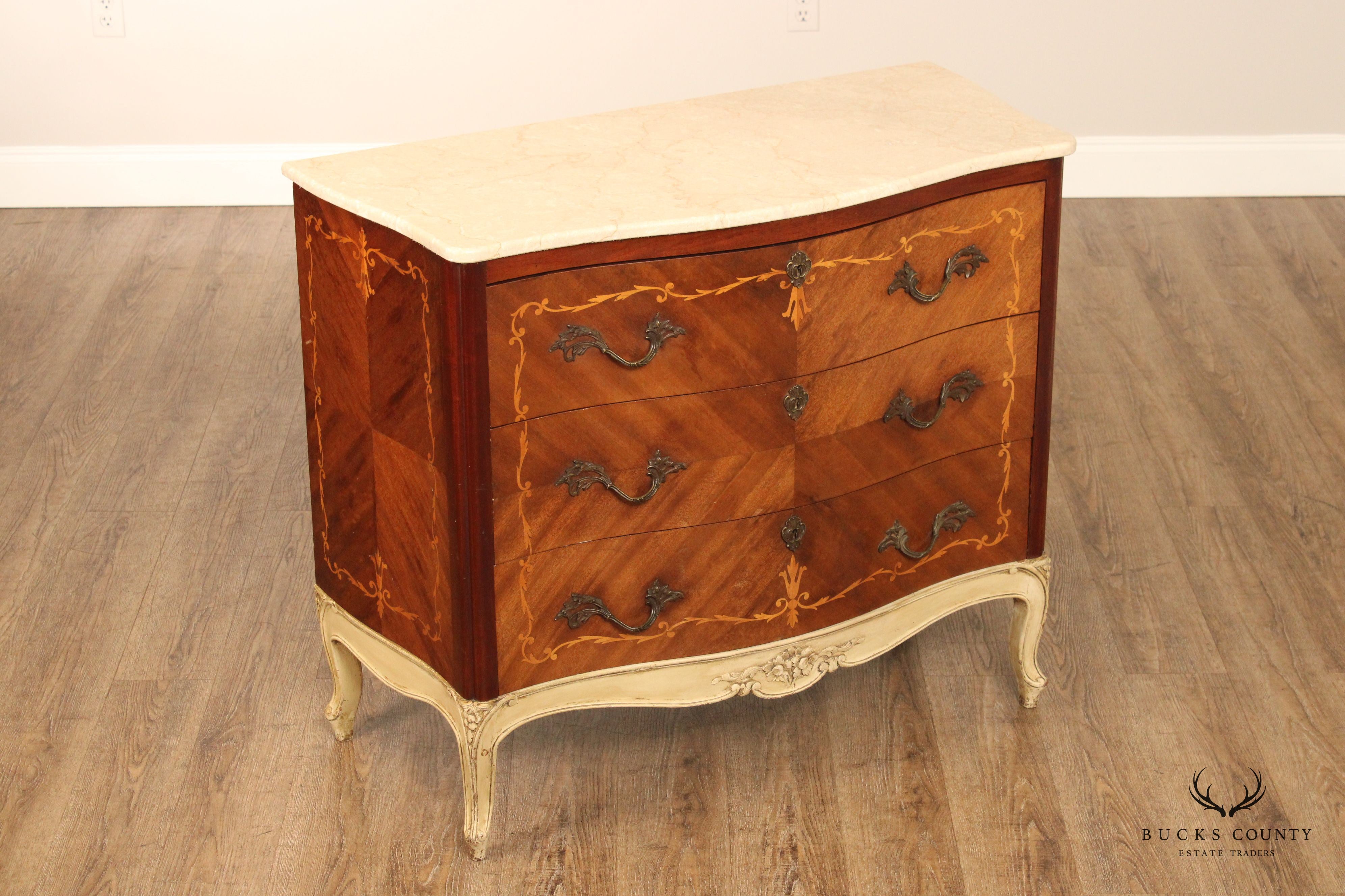 1920's French Marquetry Inlaid Marble Top Chest of Drawers