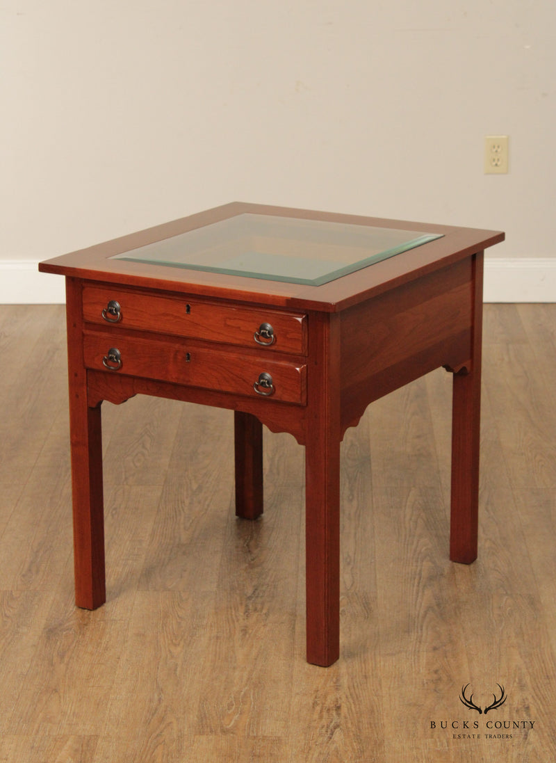 Chippendale Style Cherry Two Drawer Vitrine Curio Display Side Table