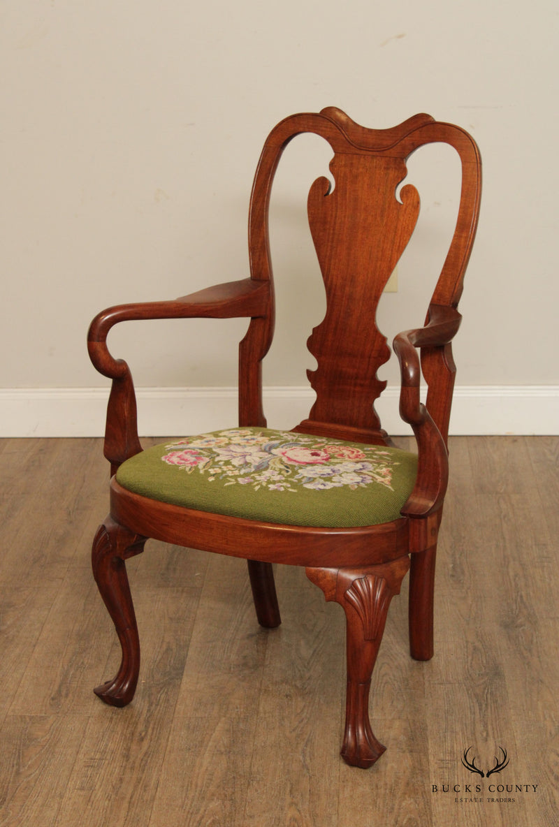 Quality Bench Made Queen Anne Style Walnut Needlepoint Arm Chair (A)