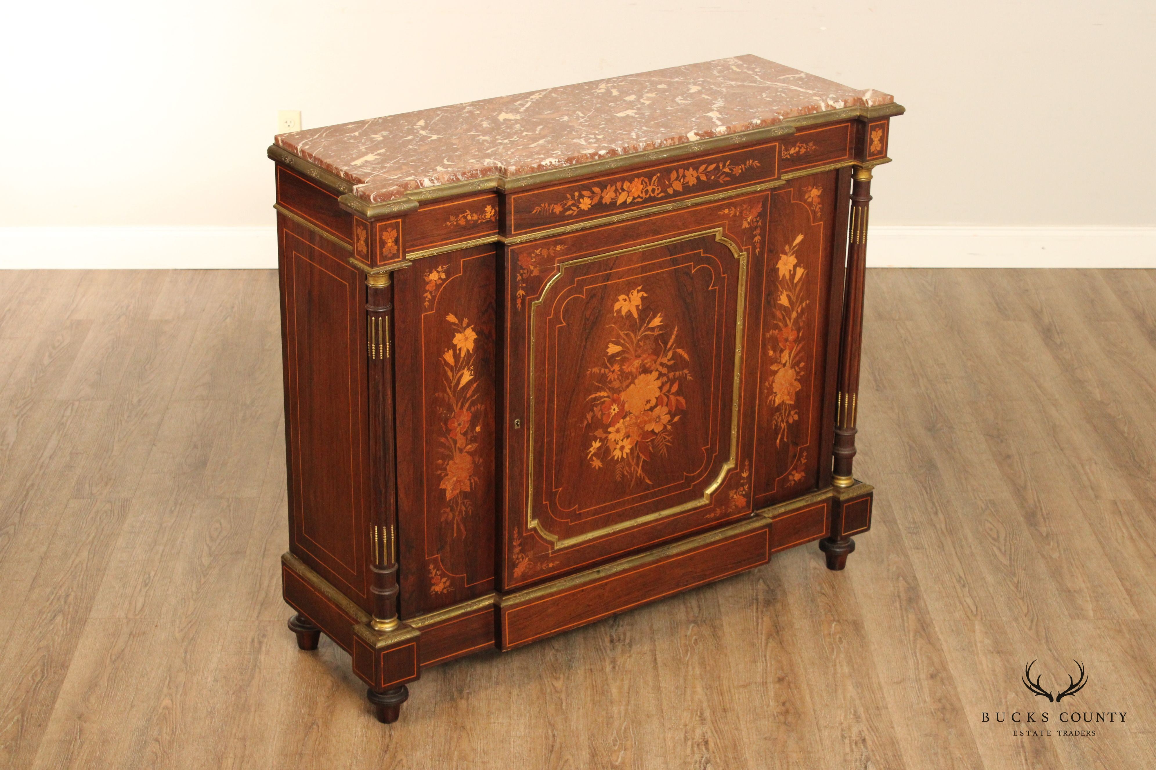 Antique 19th C. French Napoleon III Marquetry Inlaid Marble Top Cabinet