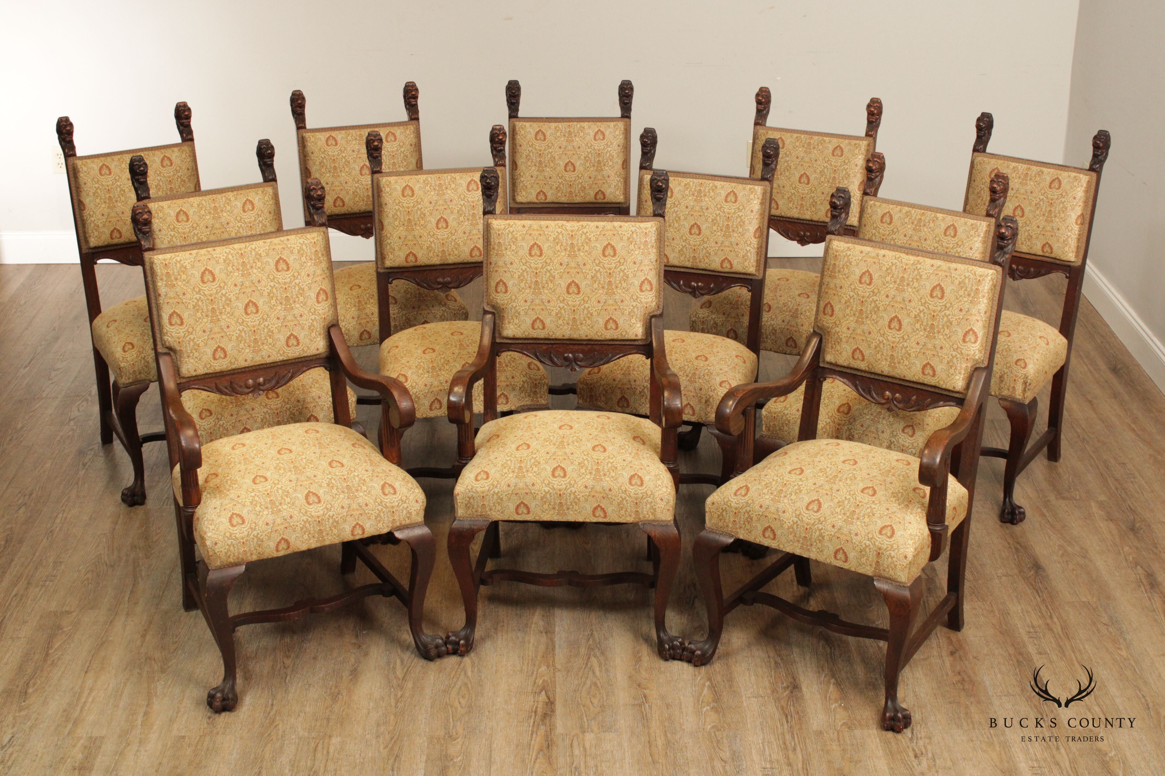 Antique Renaissance Revival Set of Twelve Carved Oak Dining Chairs