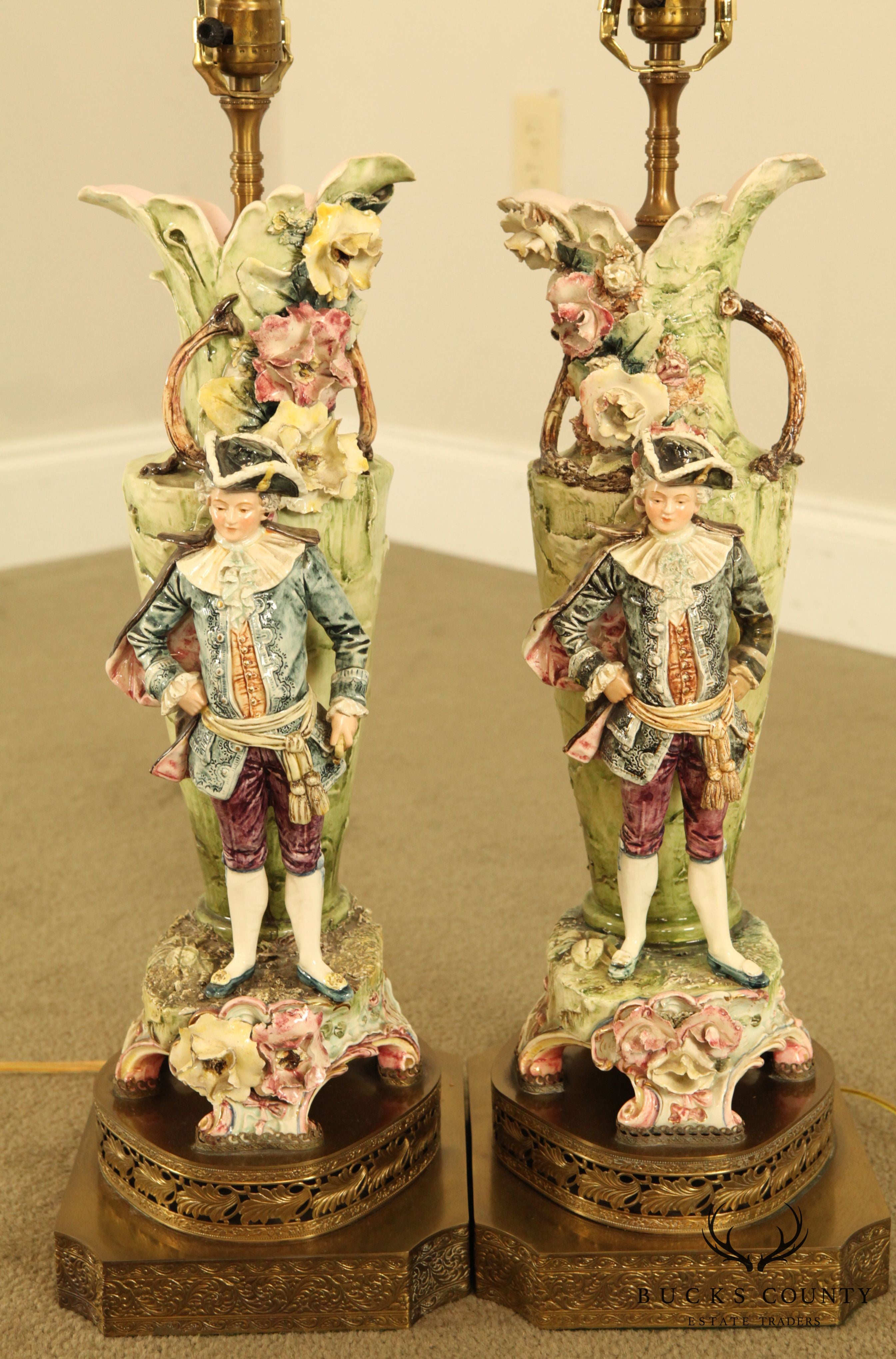 Vintage Pair Figural Bocage Pottery Lamps with Reticulated Brass Base and Green Shades