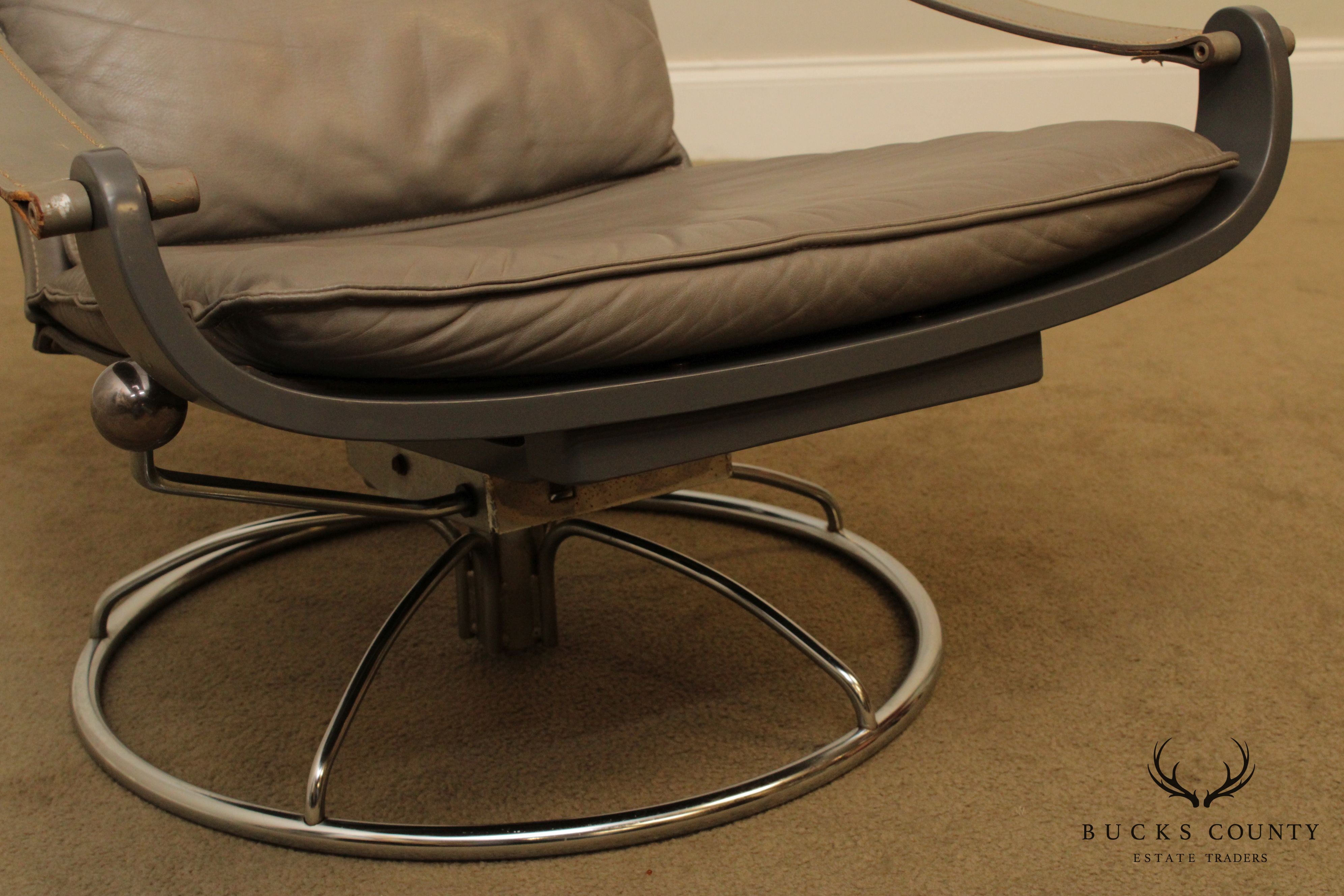 Mid Century Modern Grey Leather Chrome Base Swivel Lounge Chair