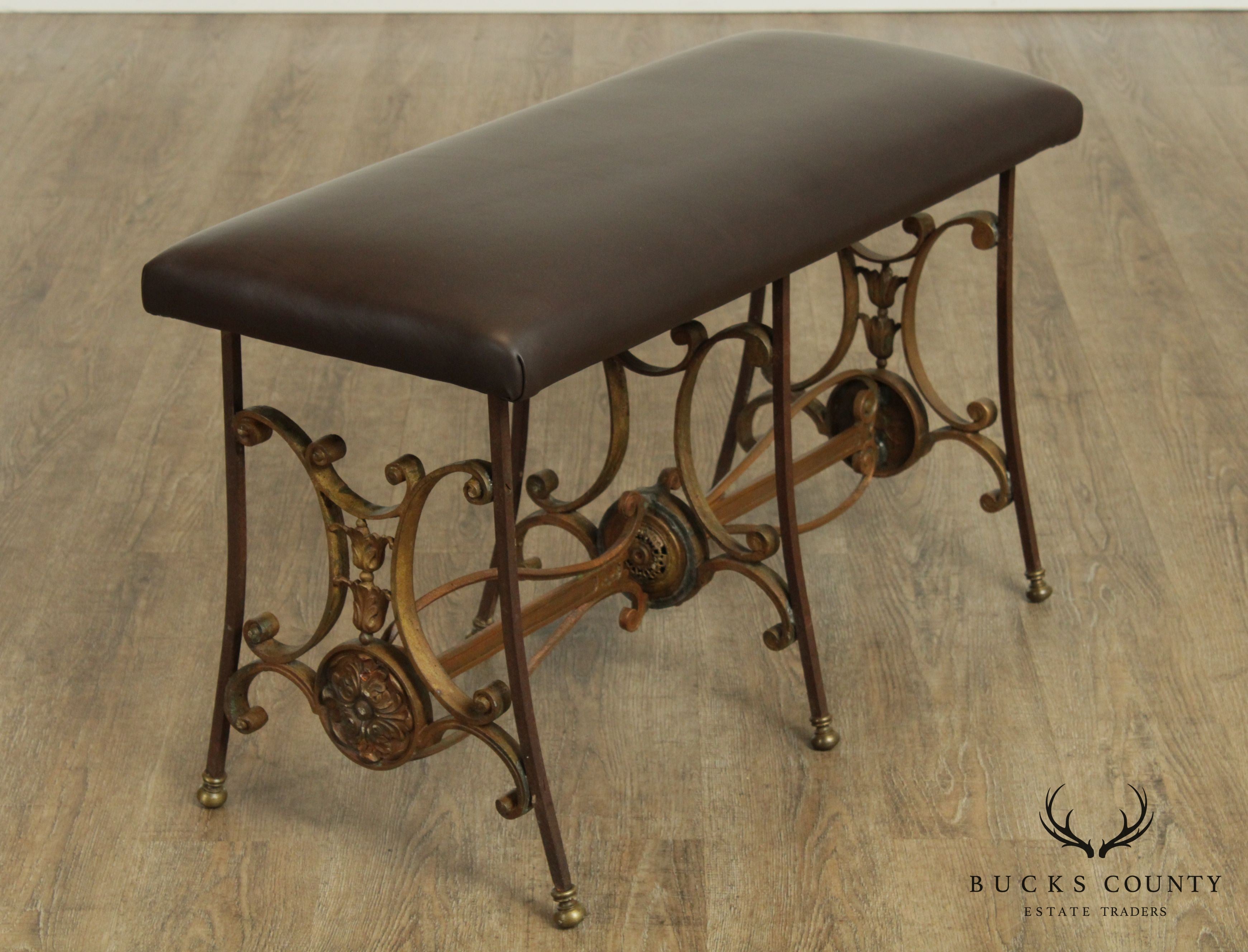 Antique Wrought Iron Leather Seat Bench