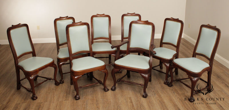 Antique Queen Anne Style Mahogany Ball & Claw Blue Leather Set 8 Dining Chairs