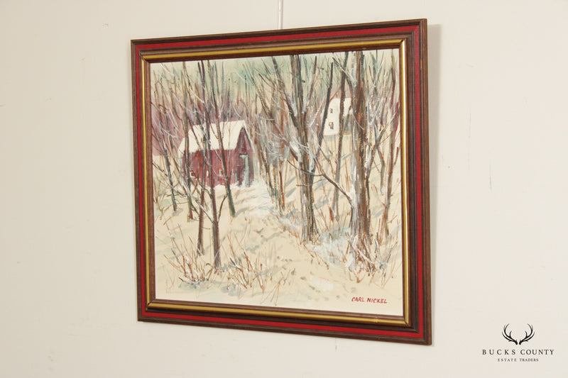 Carl Nickel Red Barn in Winter Landscape Oil Painting, Custom Framed