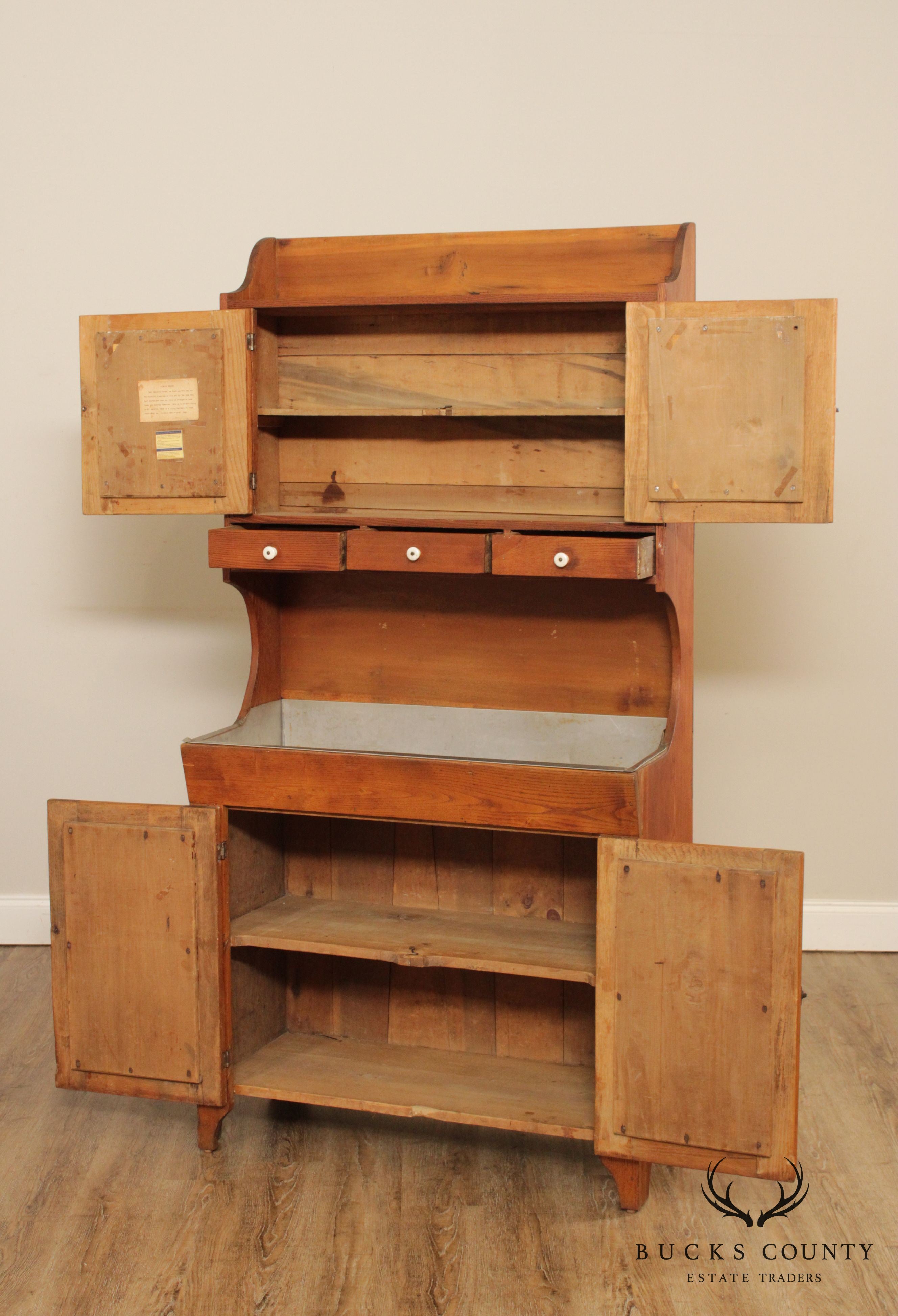 Antique American Poplar & Chestnut Dry Sink Hutch Cabinet