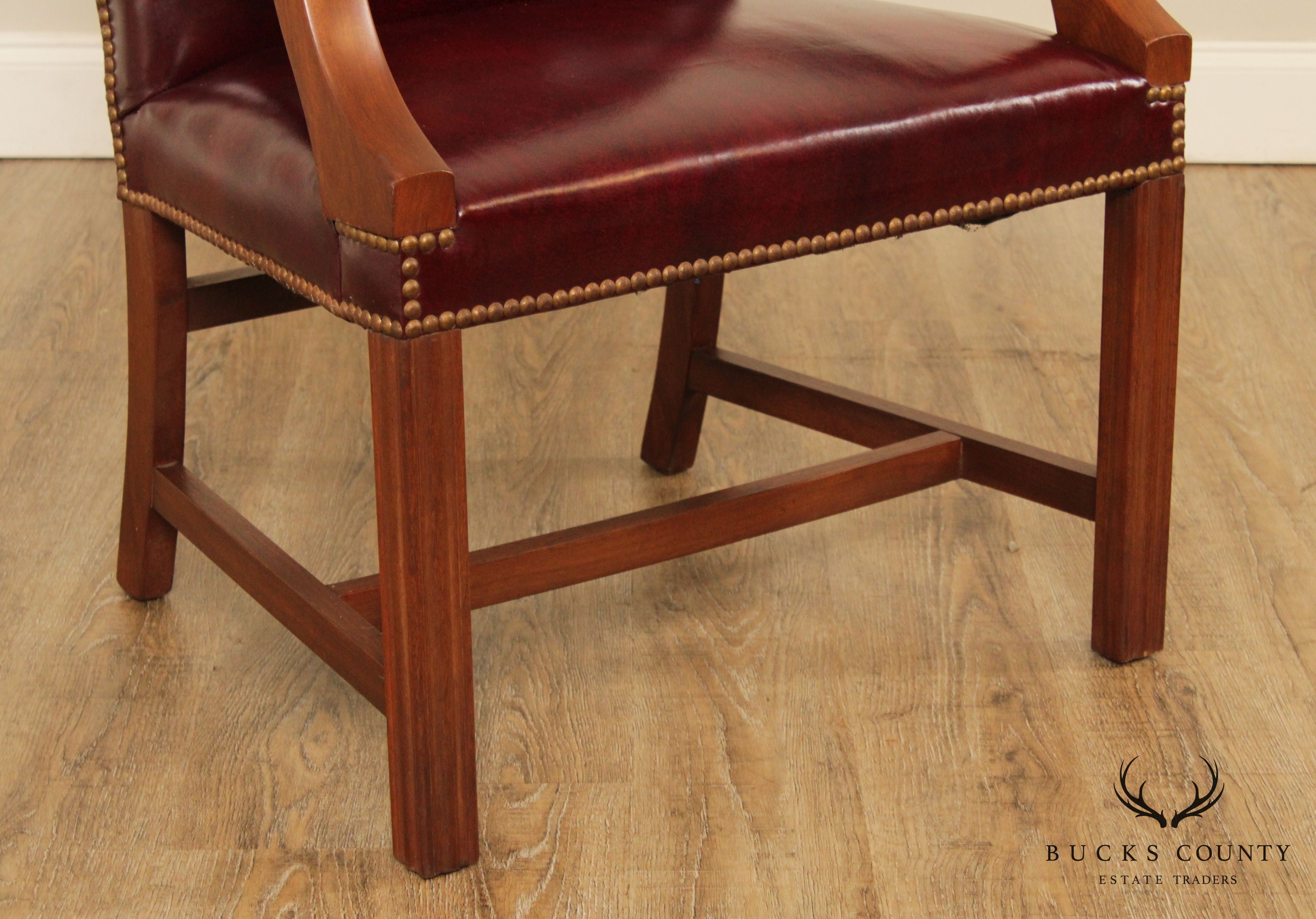 Chippendale Style Pair Mahogany Oxblood Leather Library Armchairs