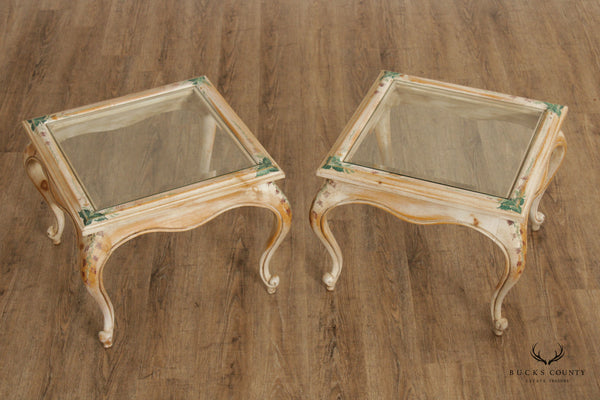 French Style Pair Paint Decorated Glass Top End Tables