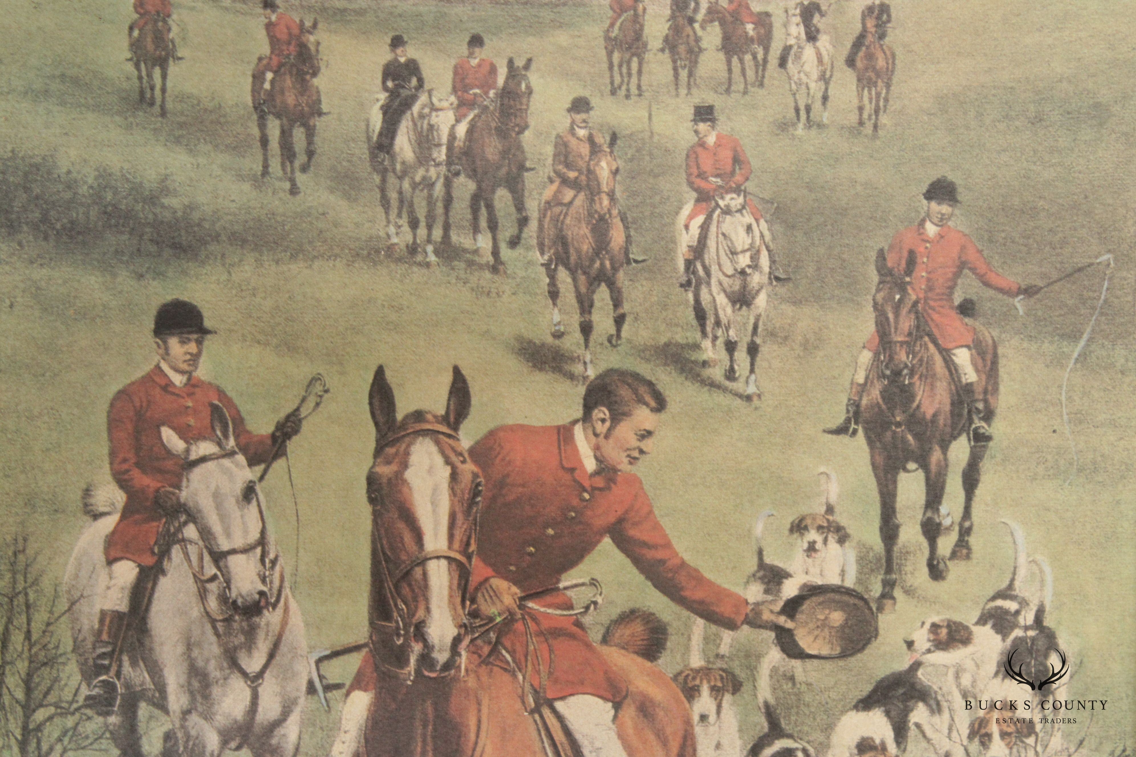 Vintage English Fox Hunt Lithograph Print, Custom Framed