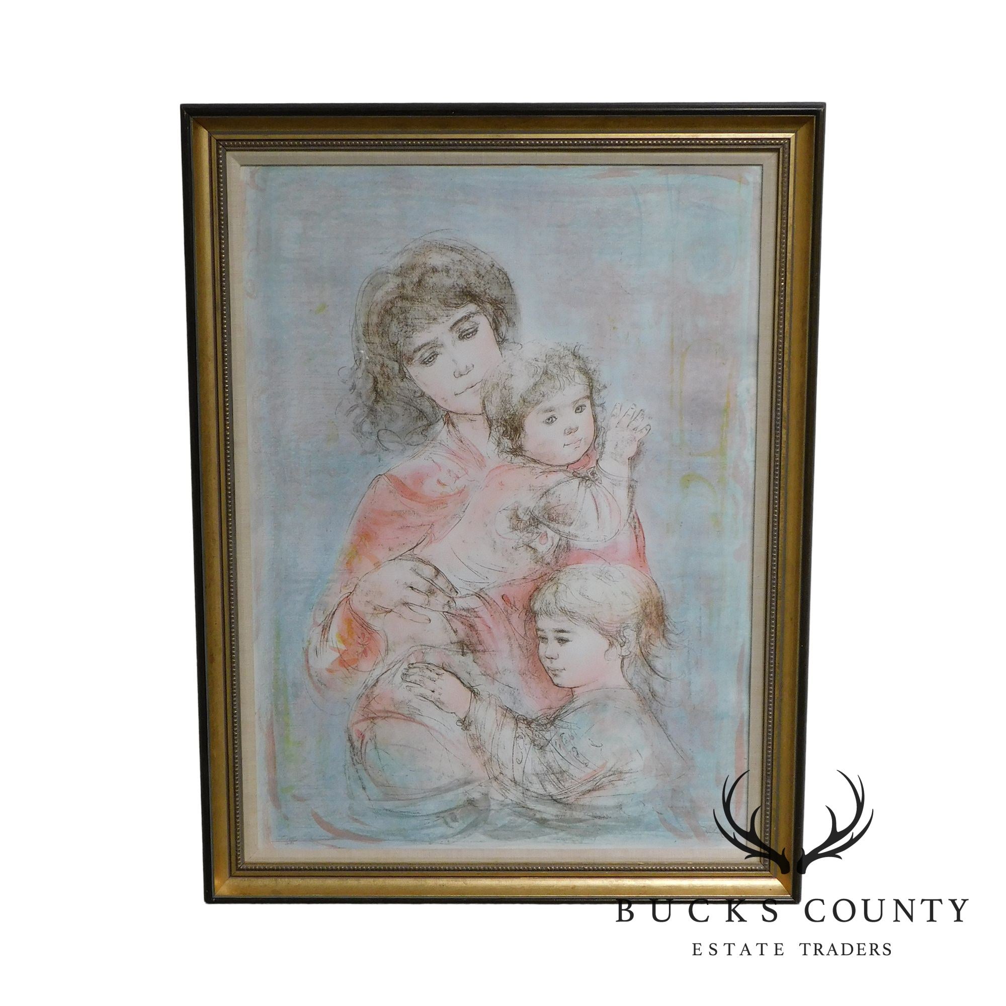 Edna Hibel Signed Framed Limited Edition Color Lithograph "Mother and Two Children" # 155/295