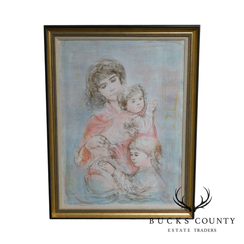 Edna Hibel Signed Framed Limited Edition Color Lithograph "Mother and Two Children" # 155/295
