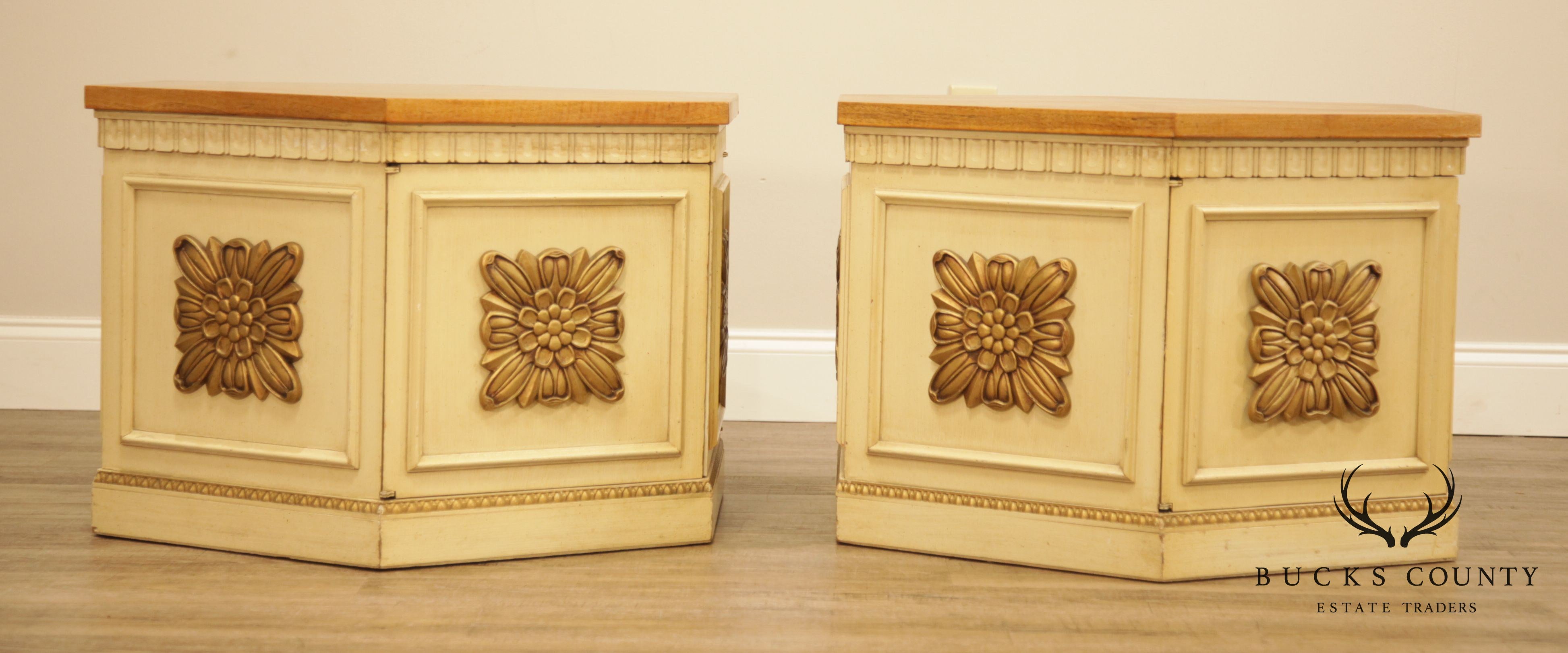 Florentine Style Vintage Pair Burl Wood, Partial Gilt & Painted Storage End Tables by Lane