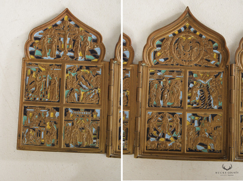 ANTIQUE RUSSIAN POLYPTYCH WITH ENAMEL TRAVEL ICON