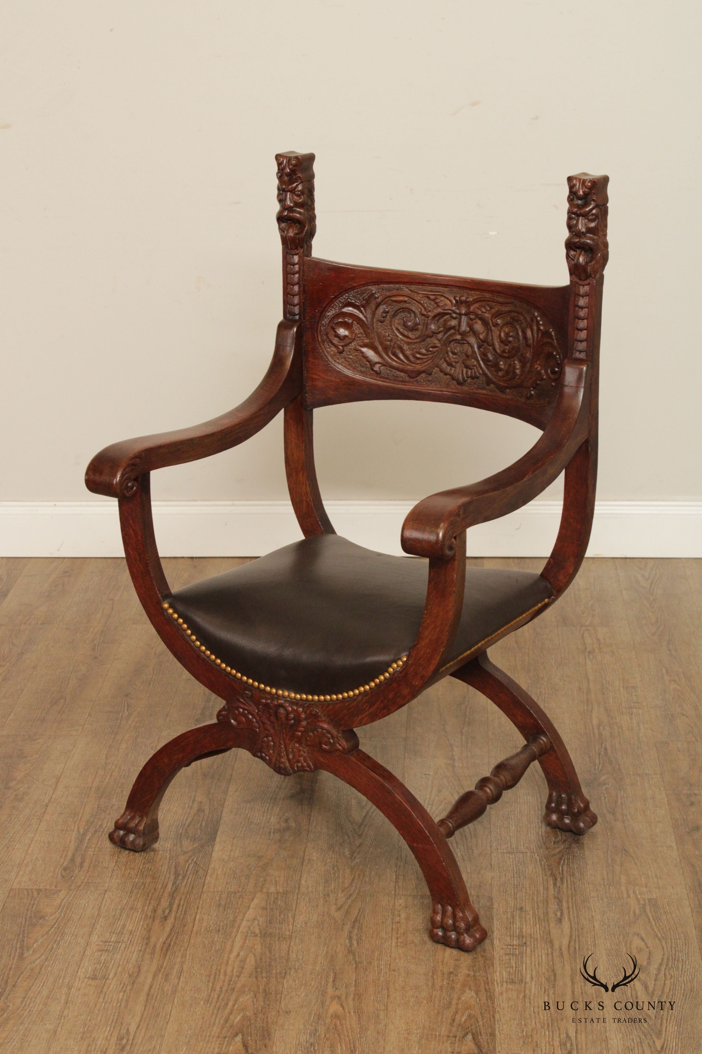 Antique Renaissance Revival Oak Carved  Savonarola Armchair