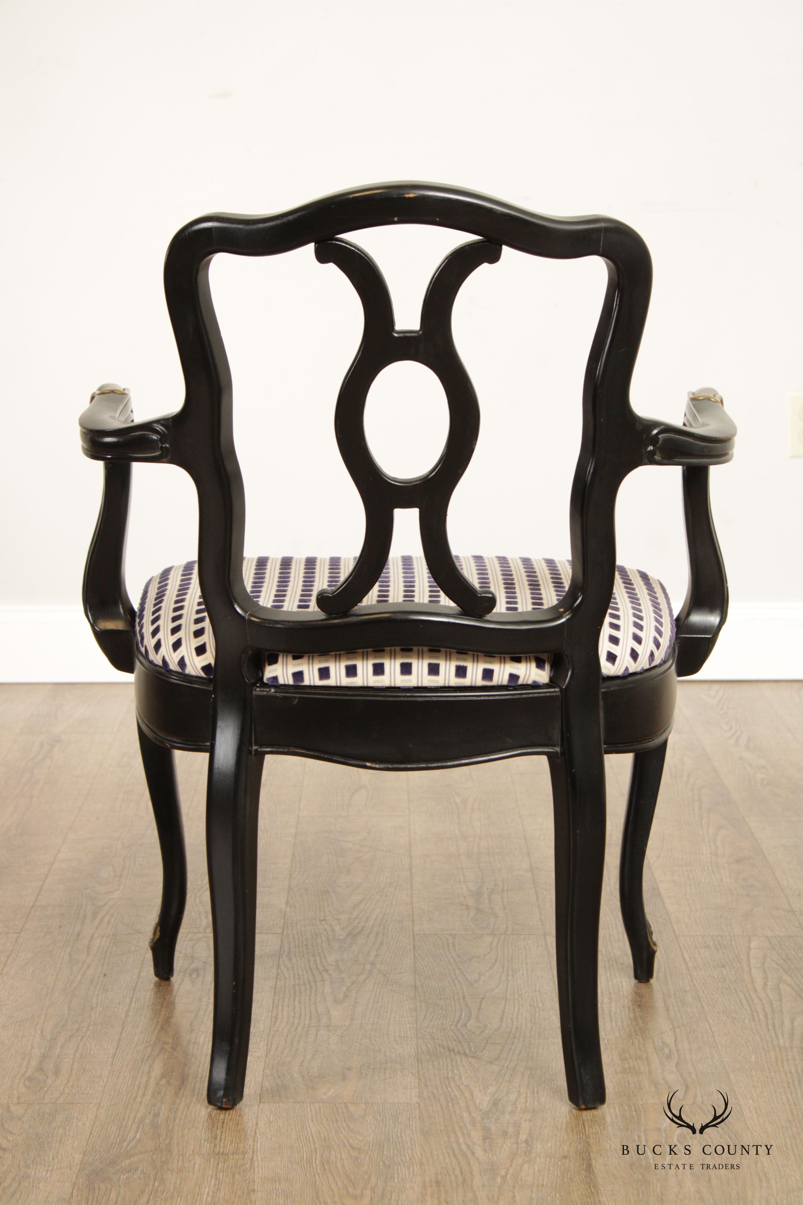 French Louis XV Style Pair of Carved Ebonized Dining Armchairs