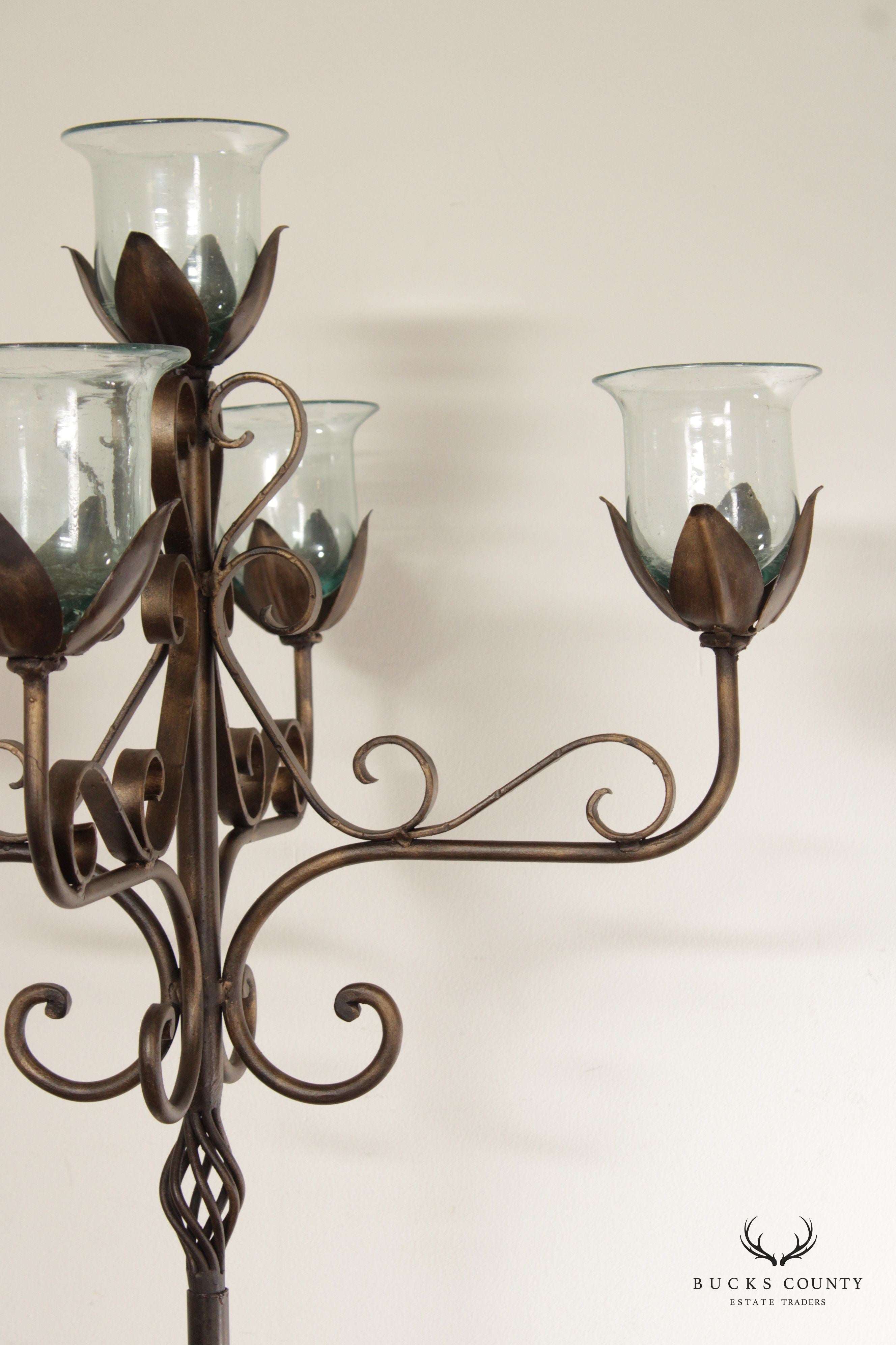 Wrought Iron Floor Candelabra With Glass Shades