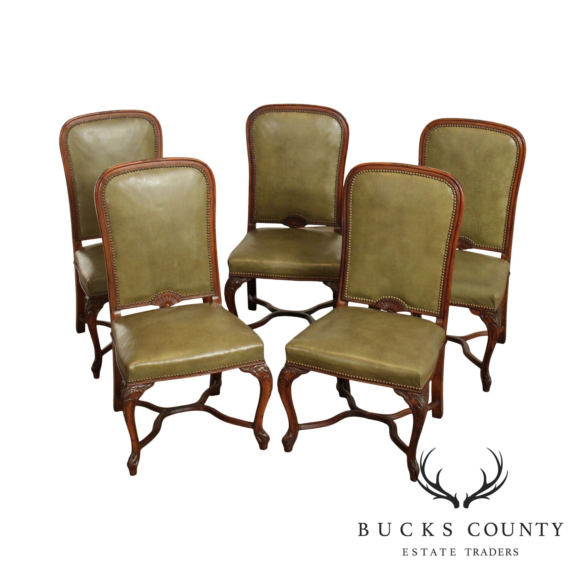 French Louis XV Style Vintage Set 5 Walnut & Green Leather Dining Chairs