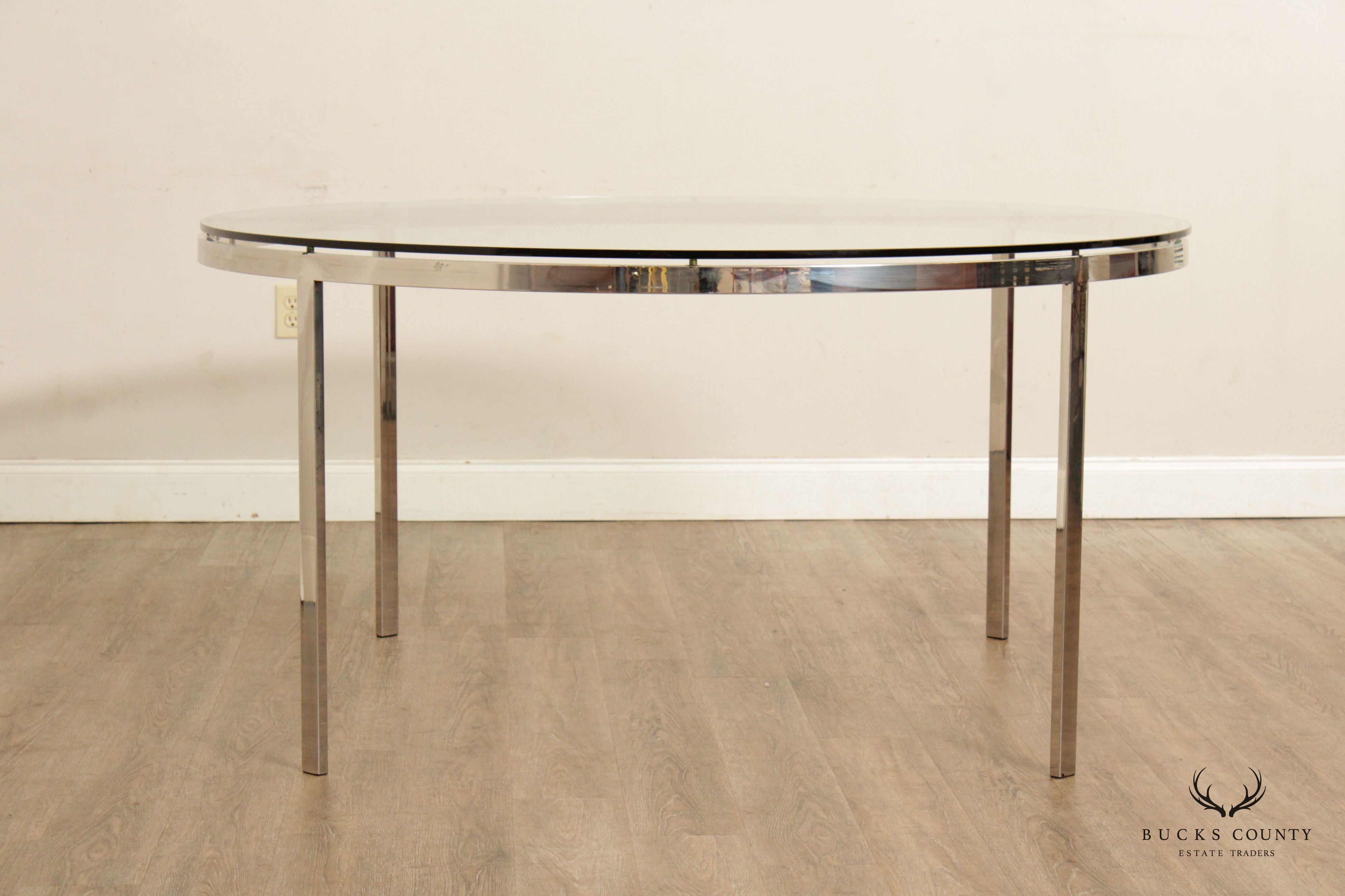 1970s Post Modern Chrome Glass Top Round Dining Table