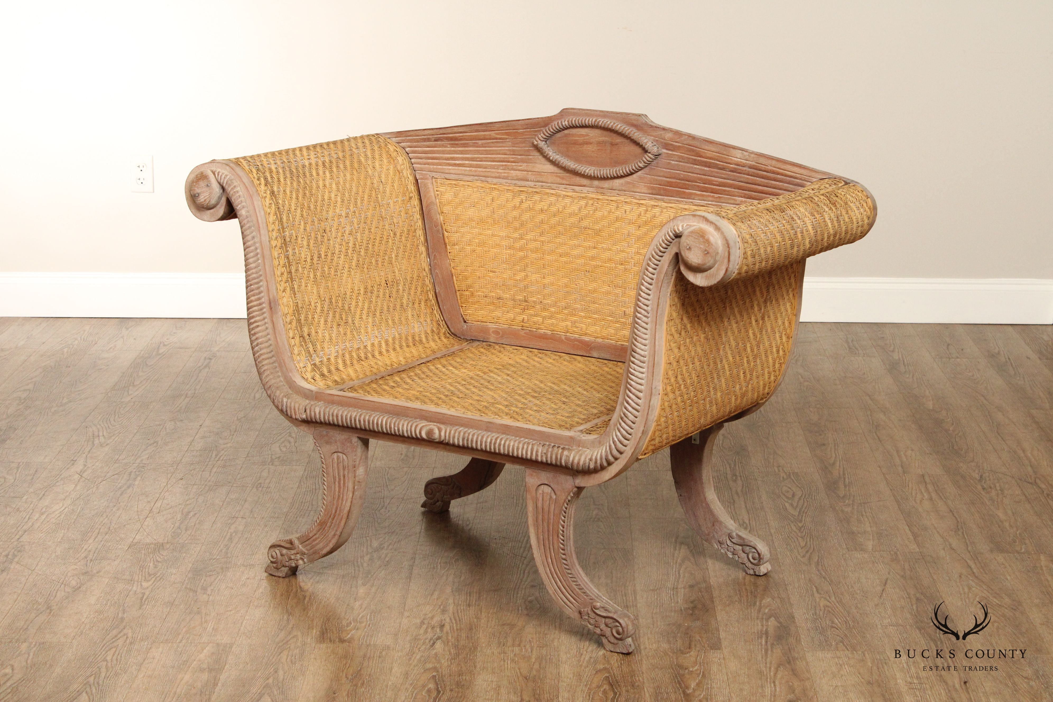 British Colonial Style Teak and Wicker Settee