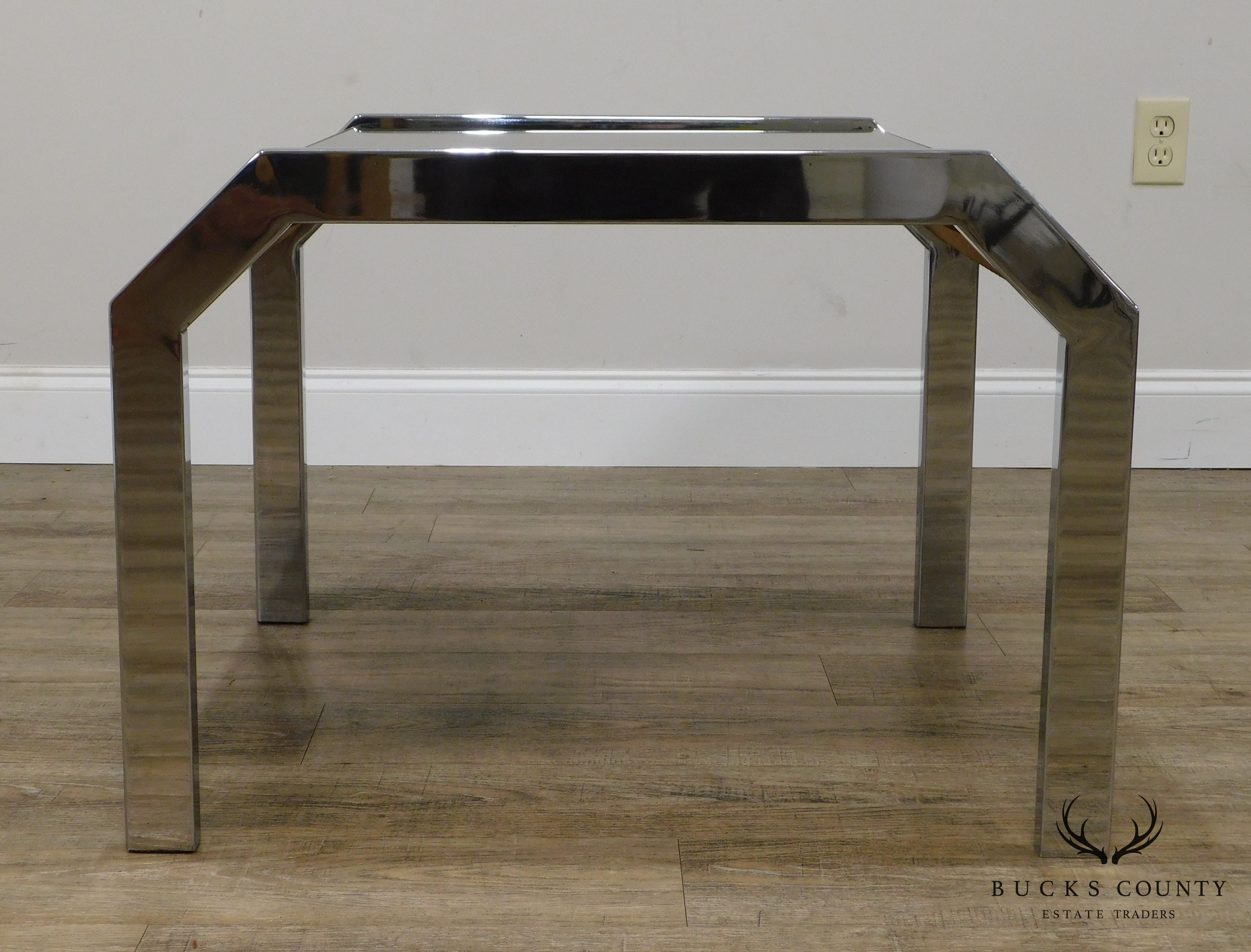 Mid Century Modern Chrome & Smoked Mirror Pair Side Tables