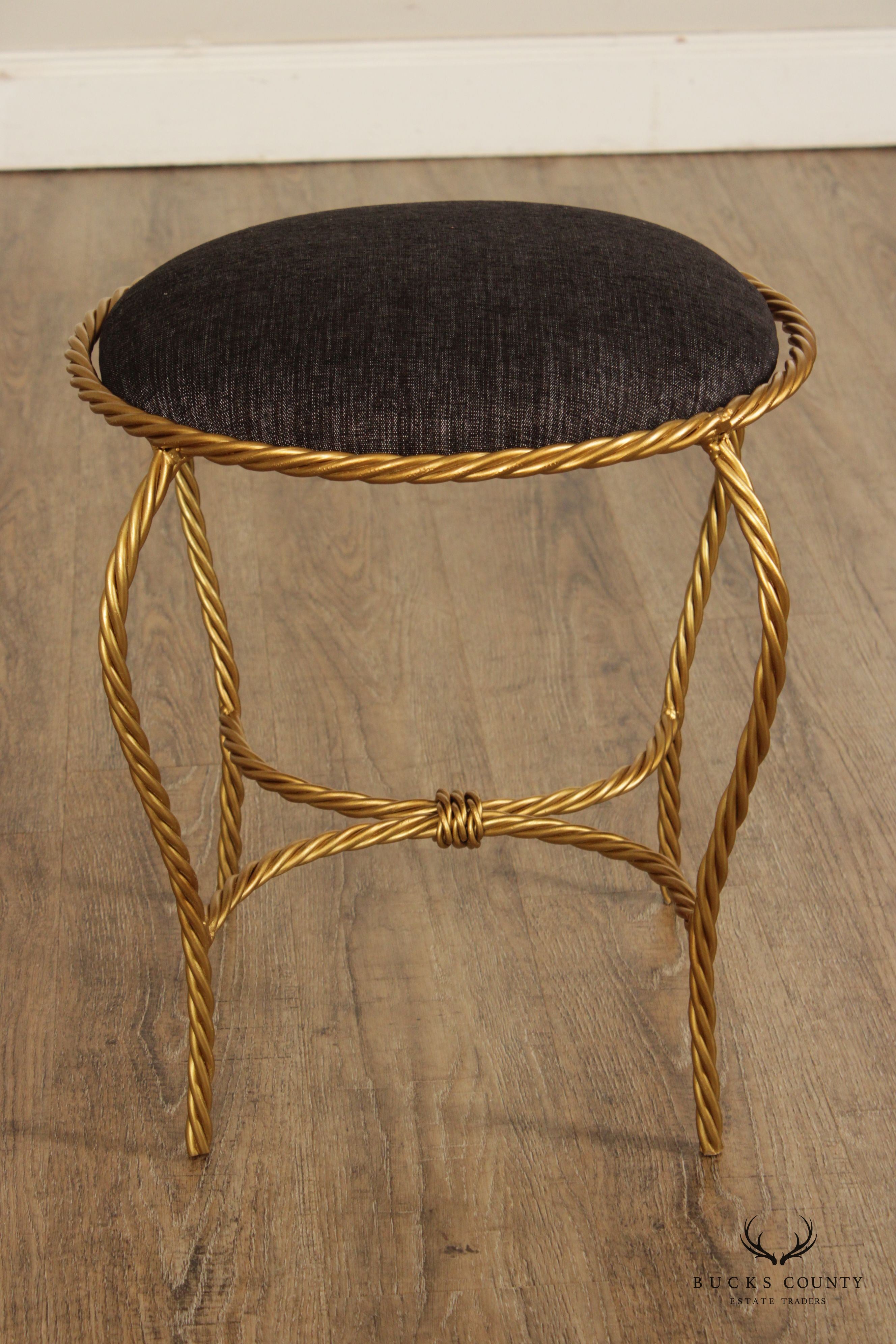 Hollywood Regency Pair of Gilt Metal Rope Twist Stools