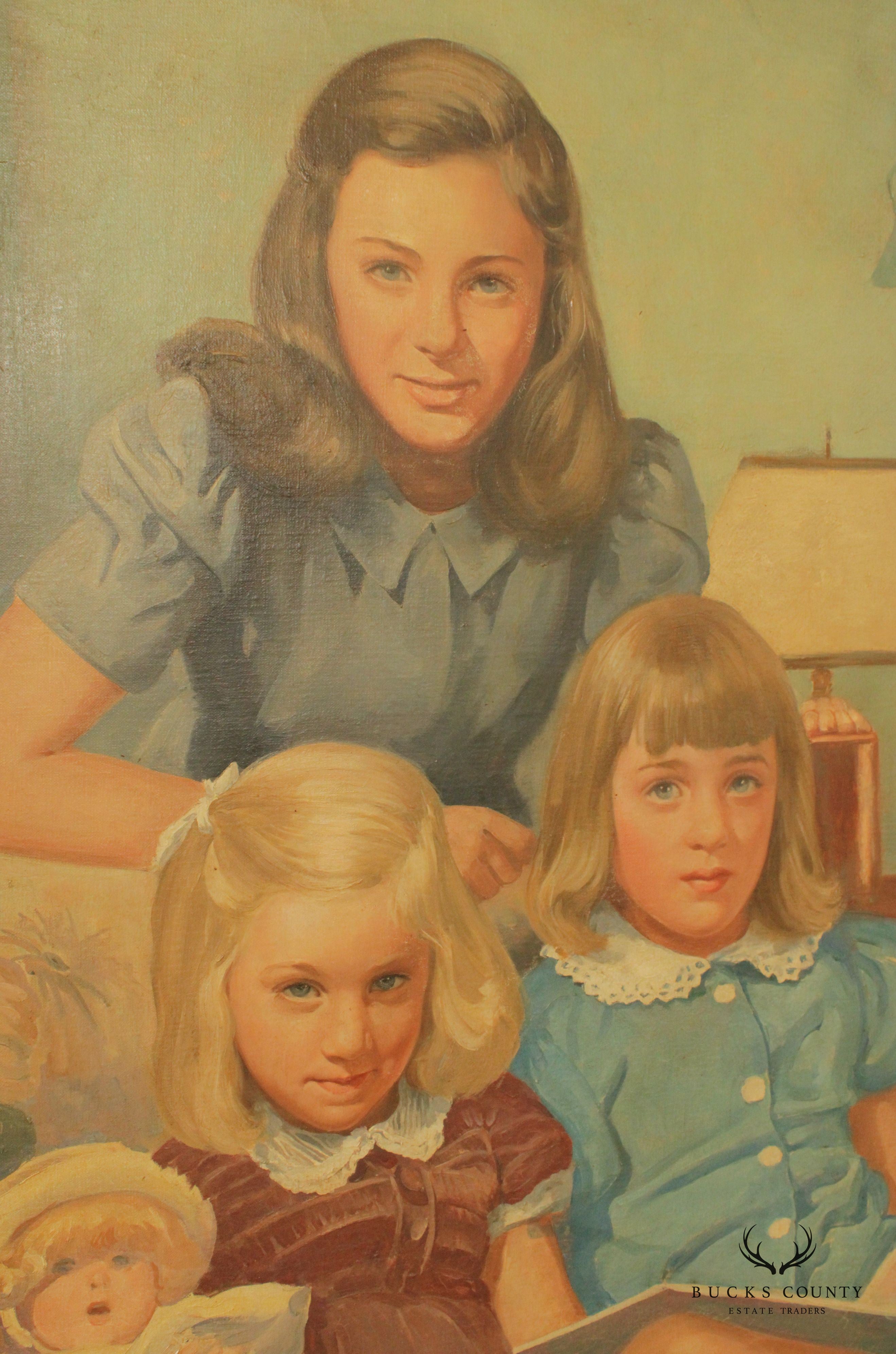 American 1940s Family Portrait Original Oil Painting, by Frederic Anderson