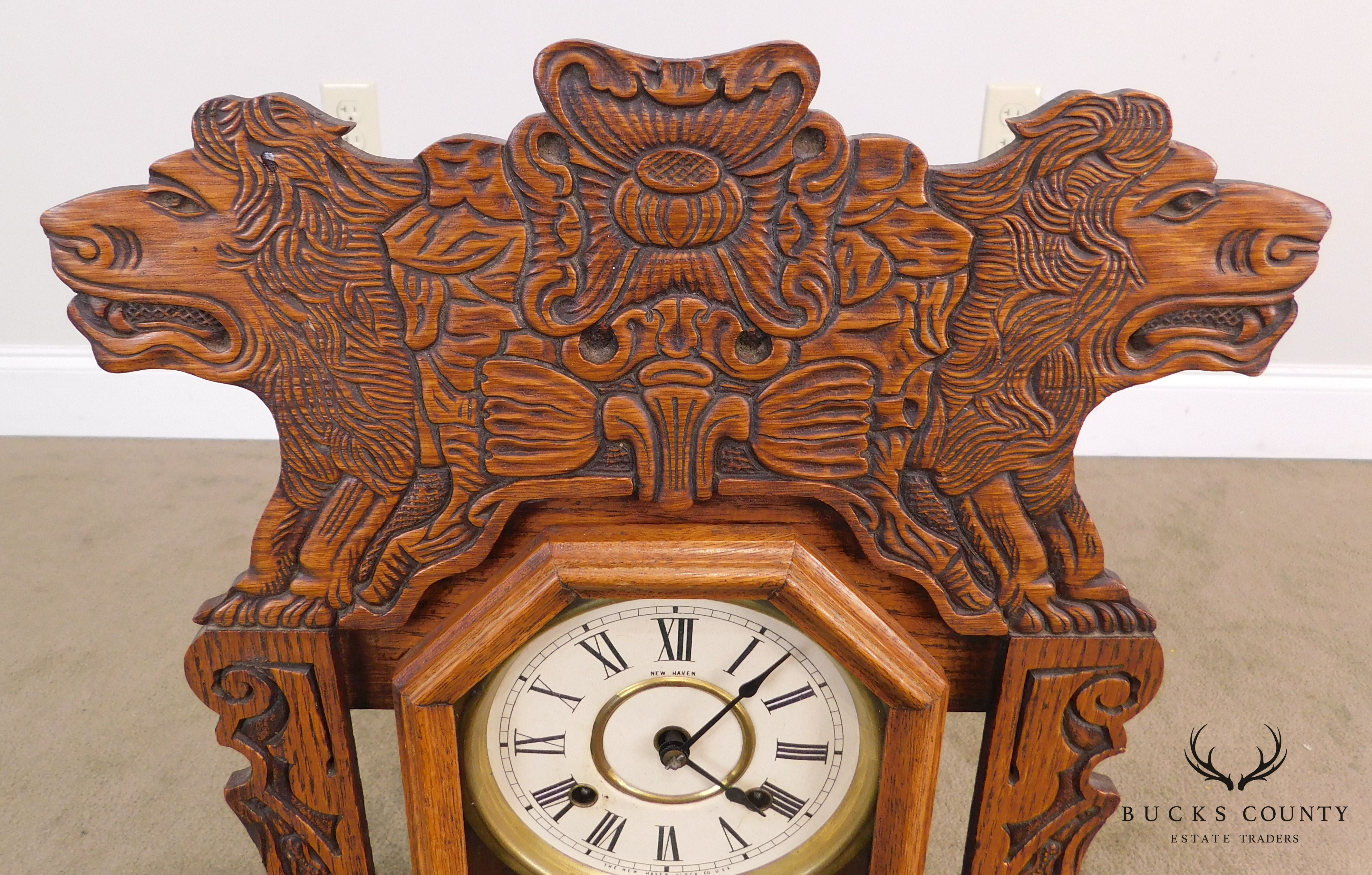 New Haven Antique Lion Carved Oak Gingerbread Kitchen Clock