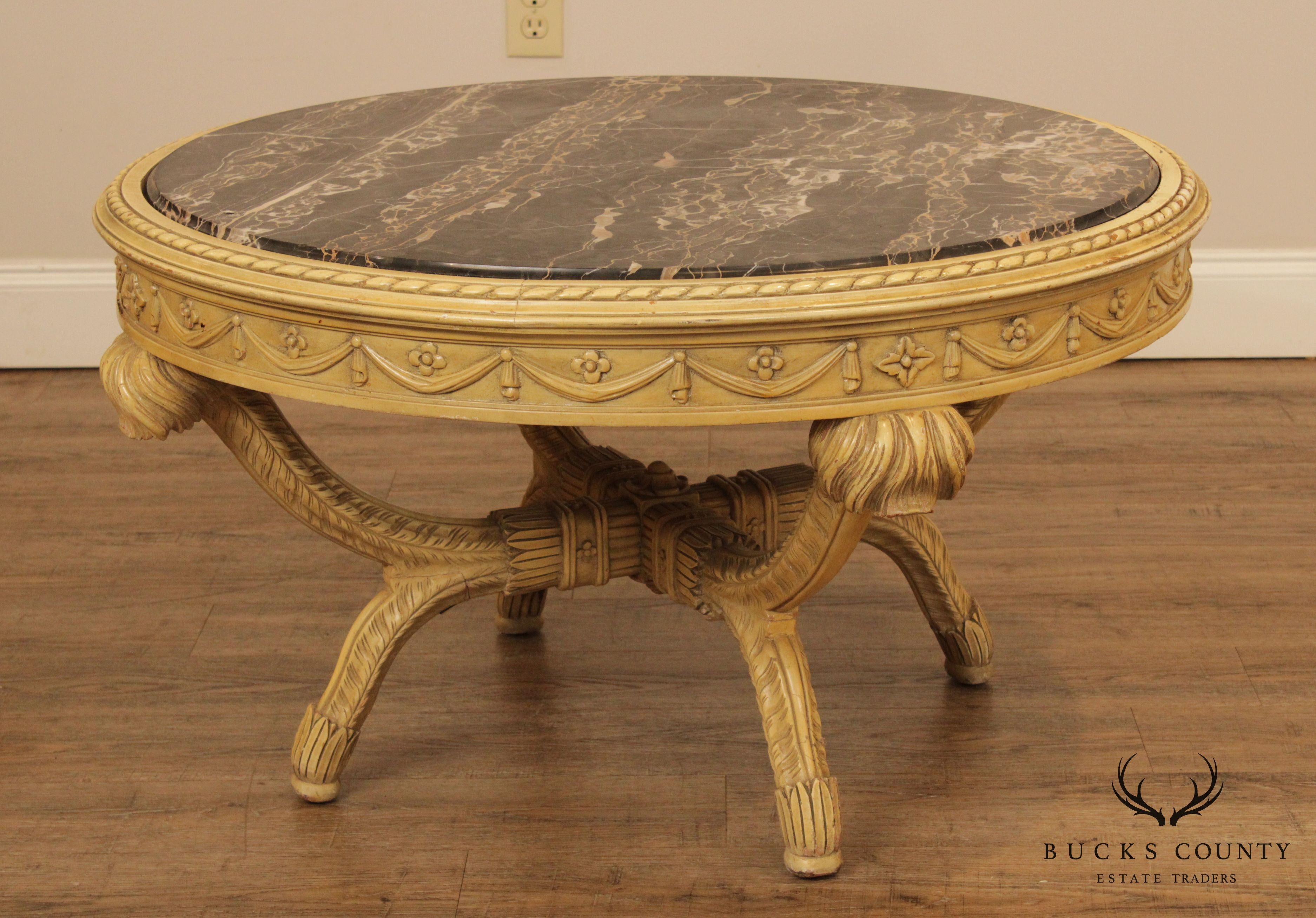 French Regency Style Vintage 1940 Round Marble Top Painted Coffee Table