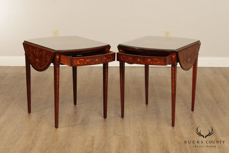 Hepplewhite Style Custom Mahogany Pair of Marquetry Inlaid Drop Leaf Pembroke Tables