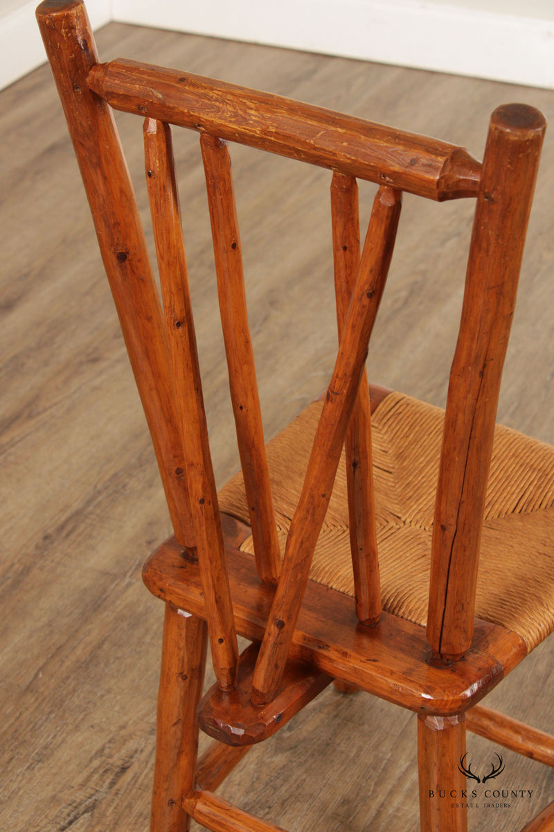 Vintage Rustic Pine Wood and Rush Seat Side Chairs