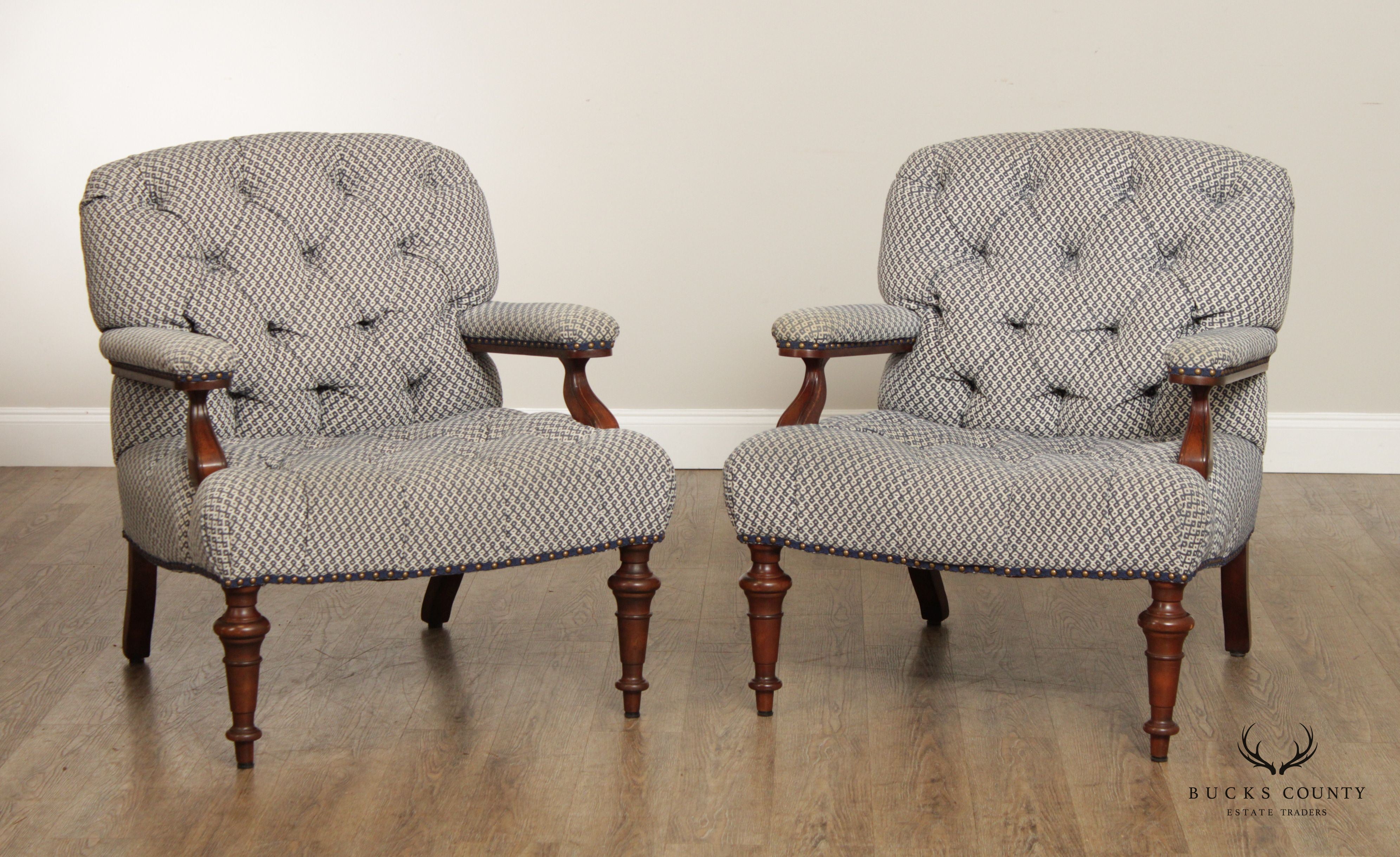 English Traditional Style Pair Of Mahogany Tufted Lounge Chairs