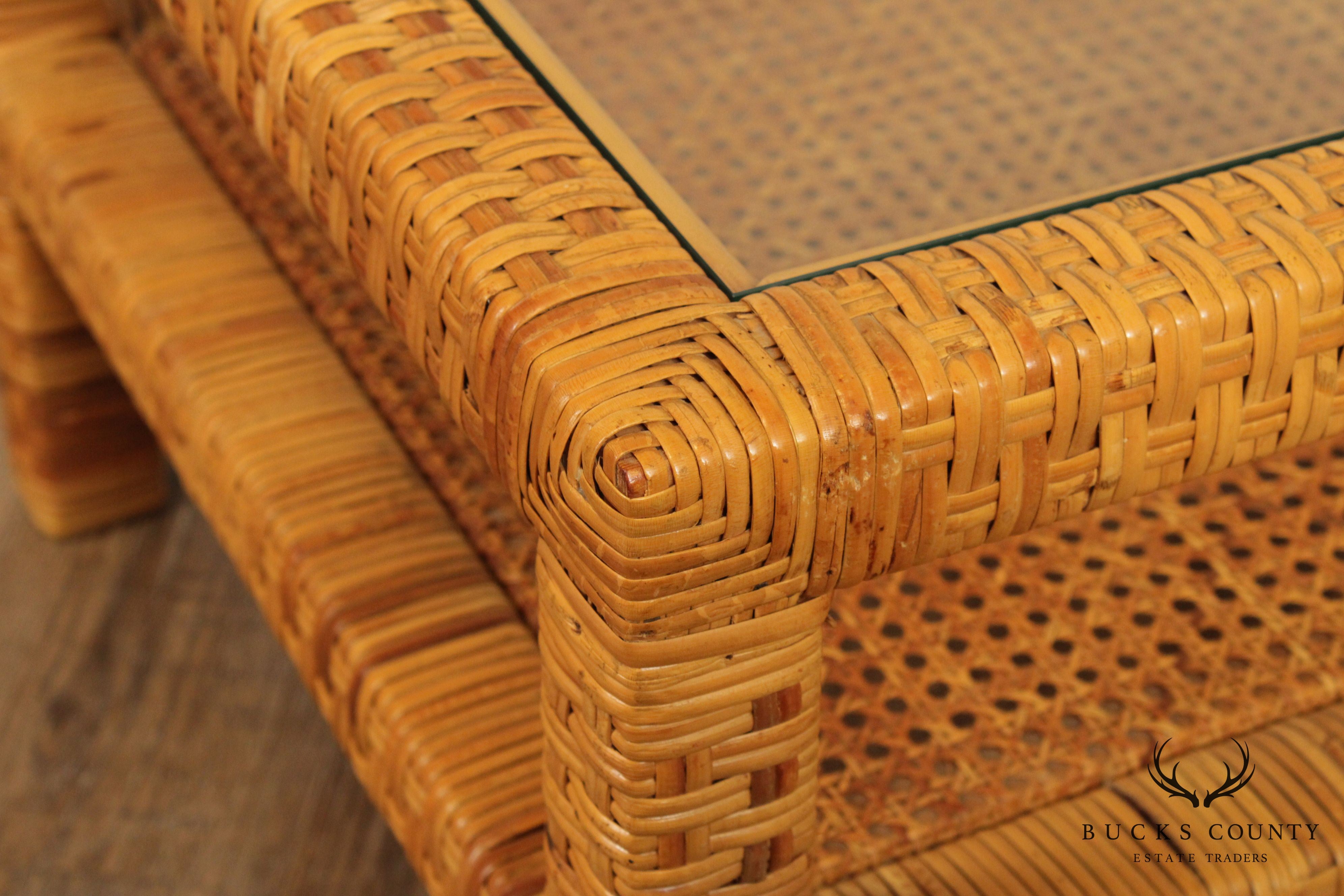 Vintage Wicker Rattan Glass Top Coffee Table