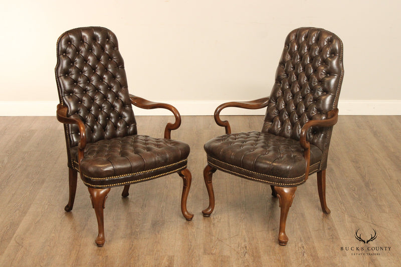 Ethan Allen Queen Anne Style Pair of Tufted Leather Gooseneck Armchairs