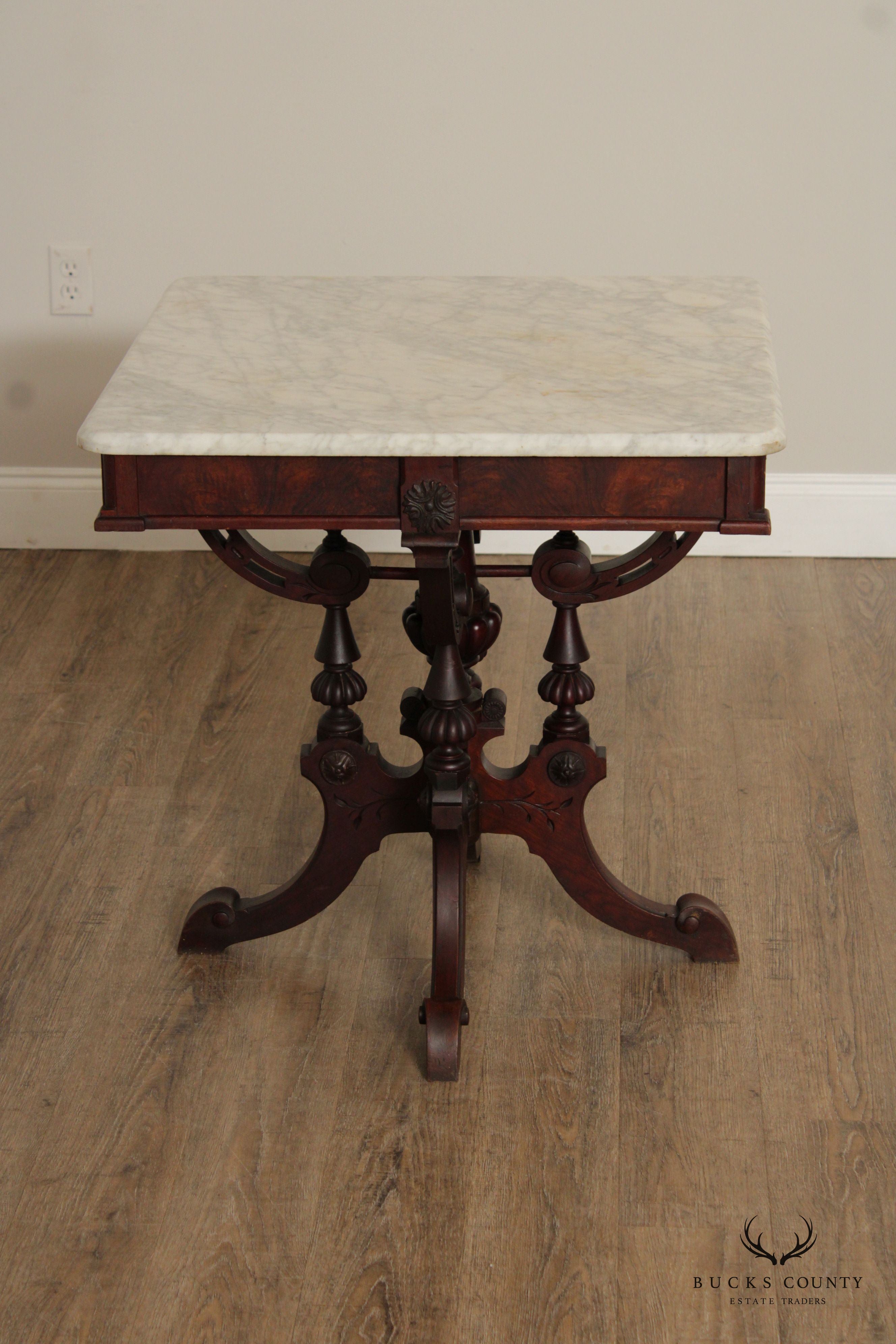 Victorian Eastlake Antique Marble Top Walnut Parlor Table