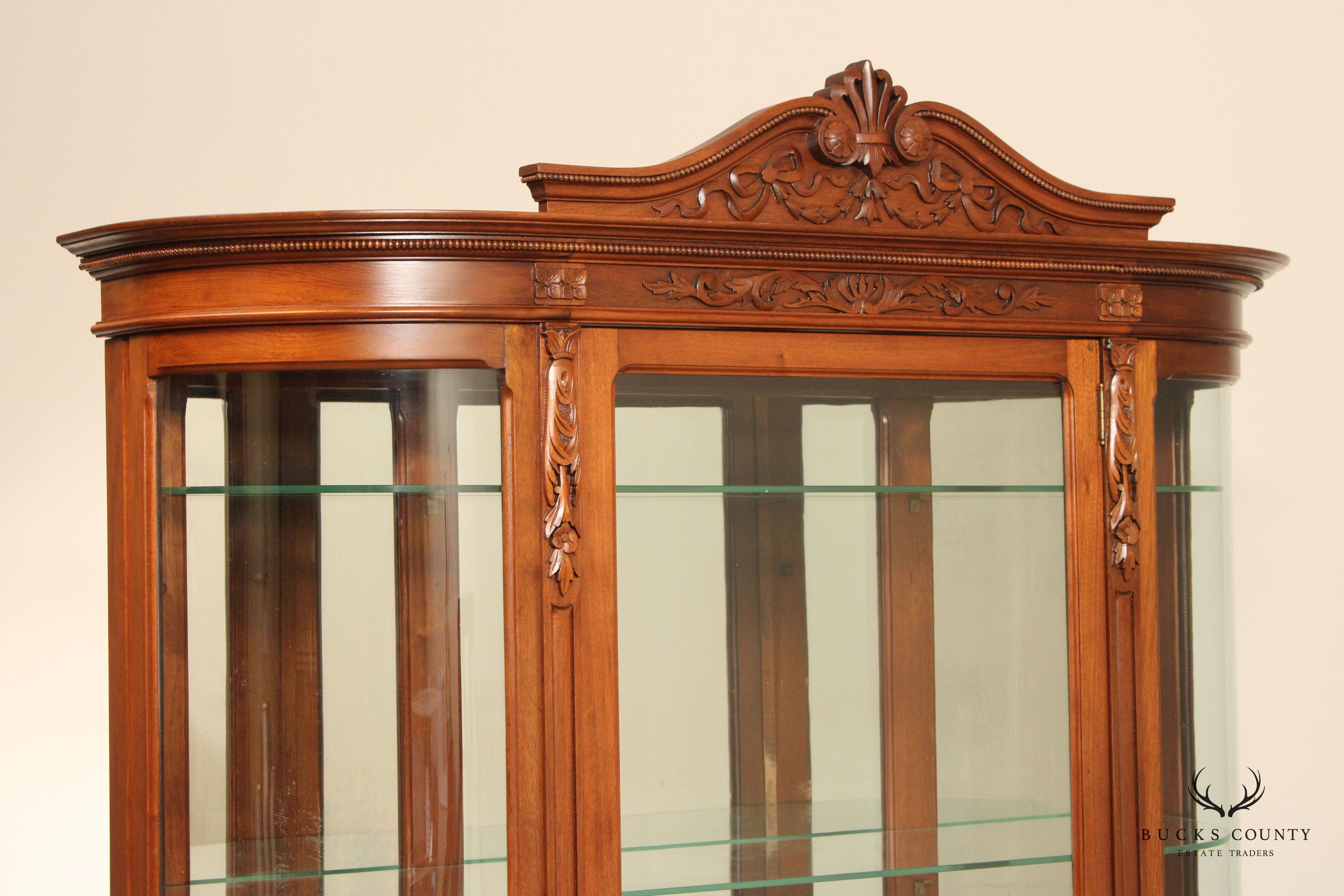 Antique Victorian Renaissance Revival Carved Walnut Bowfront China Display Cabinet