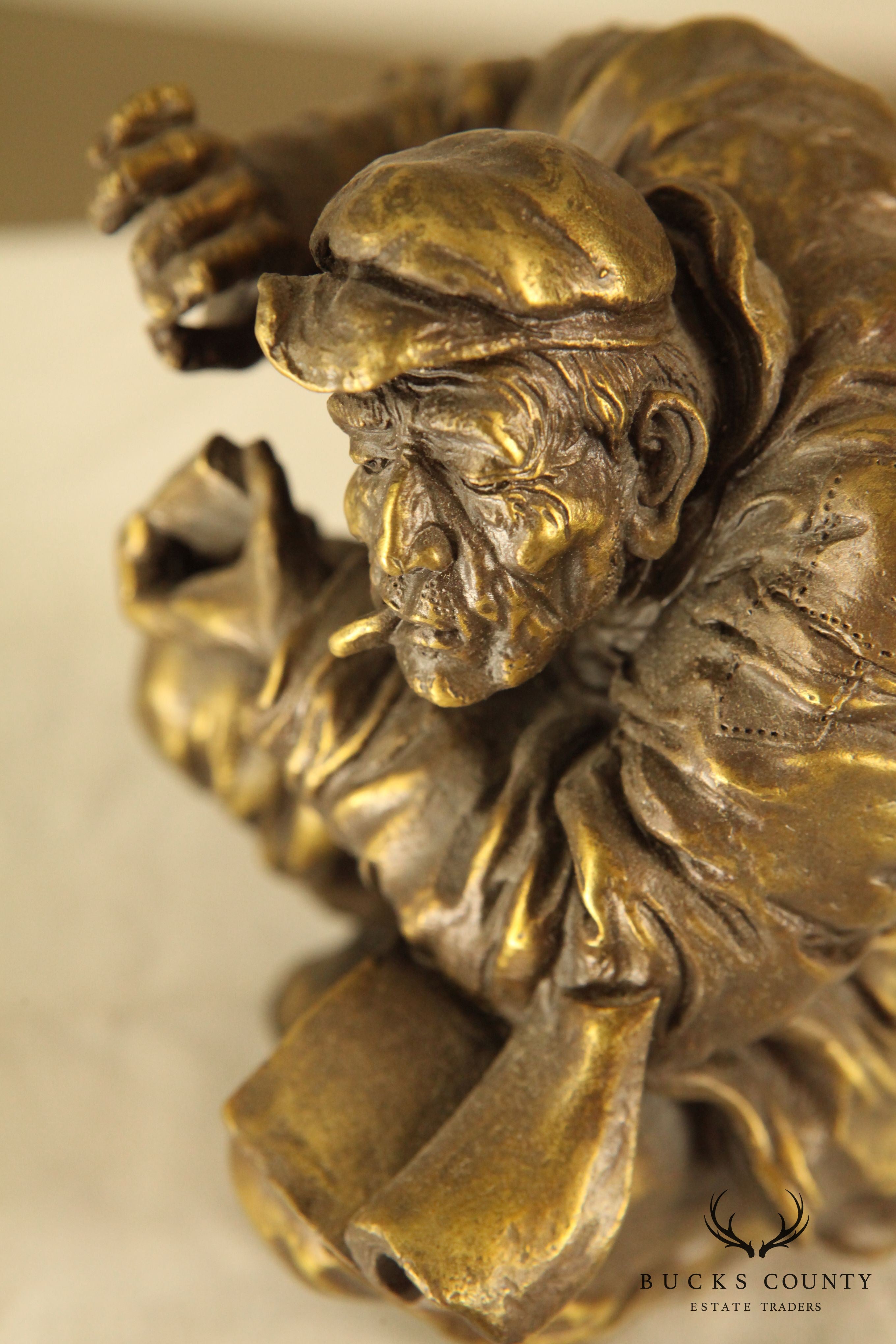 Atlie Bronze Figure of an Old Man Reading, Striking Match for Cigarette