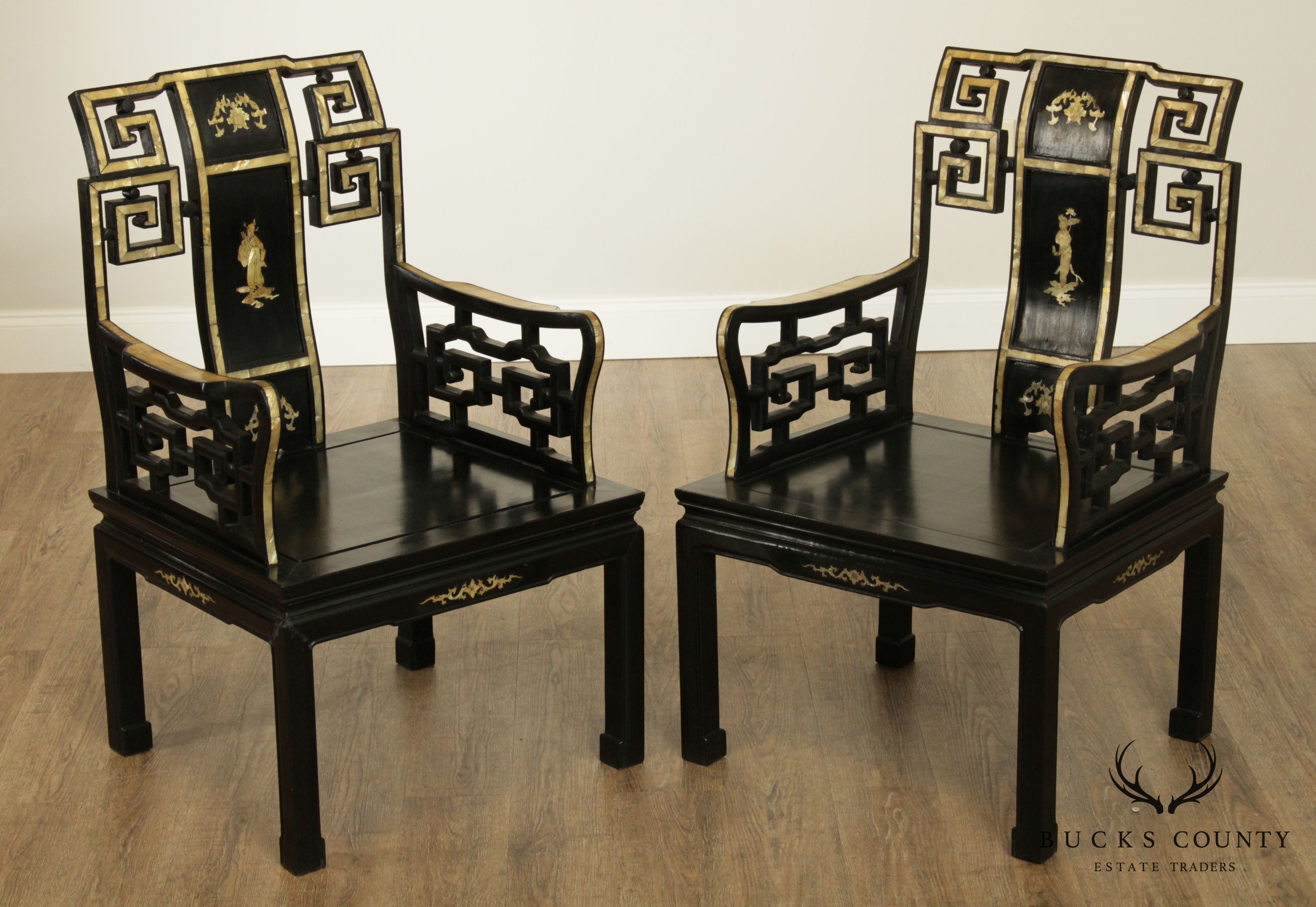 Vintage Italian Black Lacquer & Mother of Pearl Inlaid Pair Armchairs