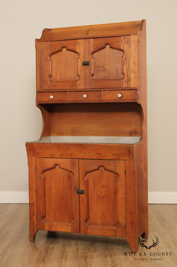 Antique American Poplar & Chestnut Dry Sink Hutch Cabinet
