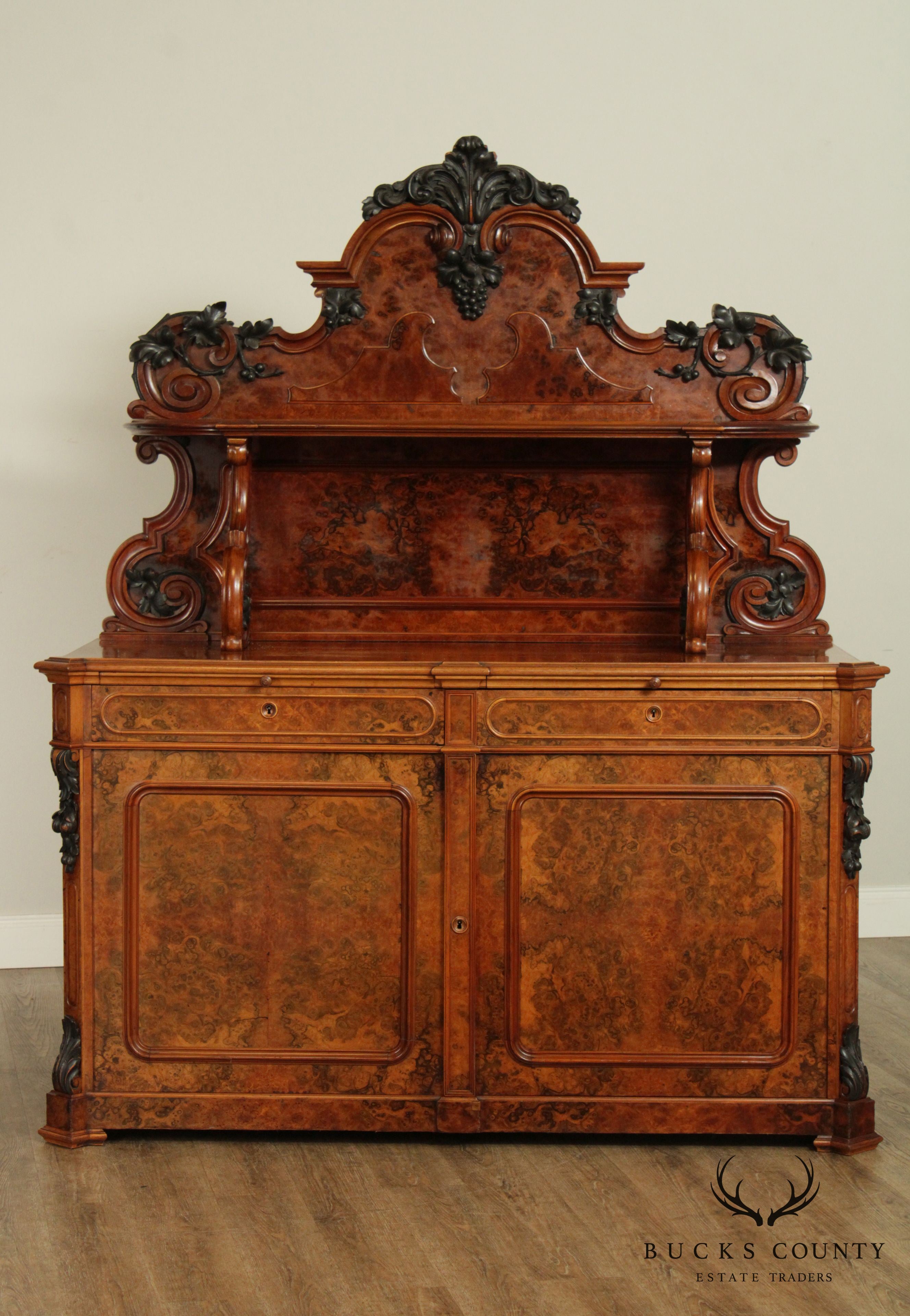 Renaissance Revival Antique Burlwood Grape Carved Sideboard