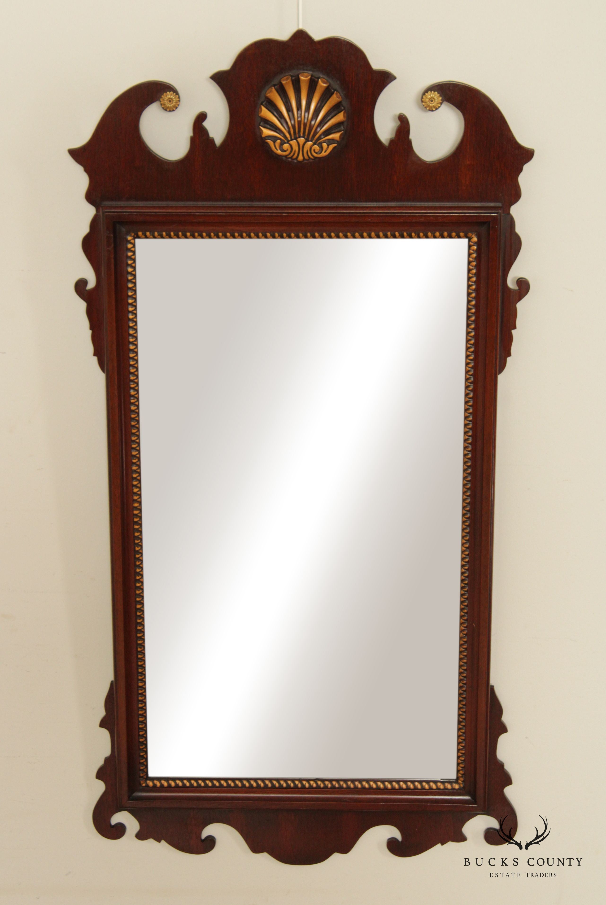 Chippendale Style Vintage Mahogany Gilt Shell Carved Wall Mirror