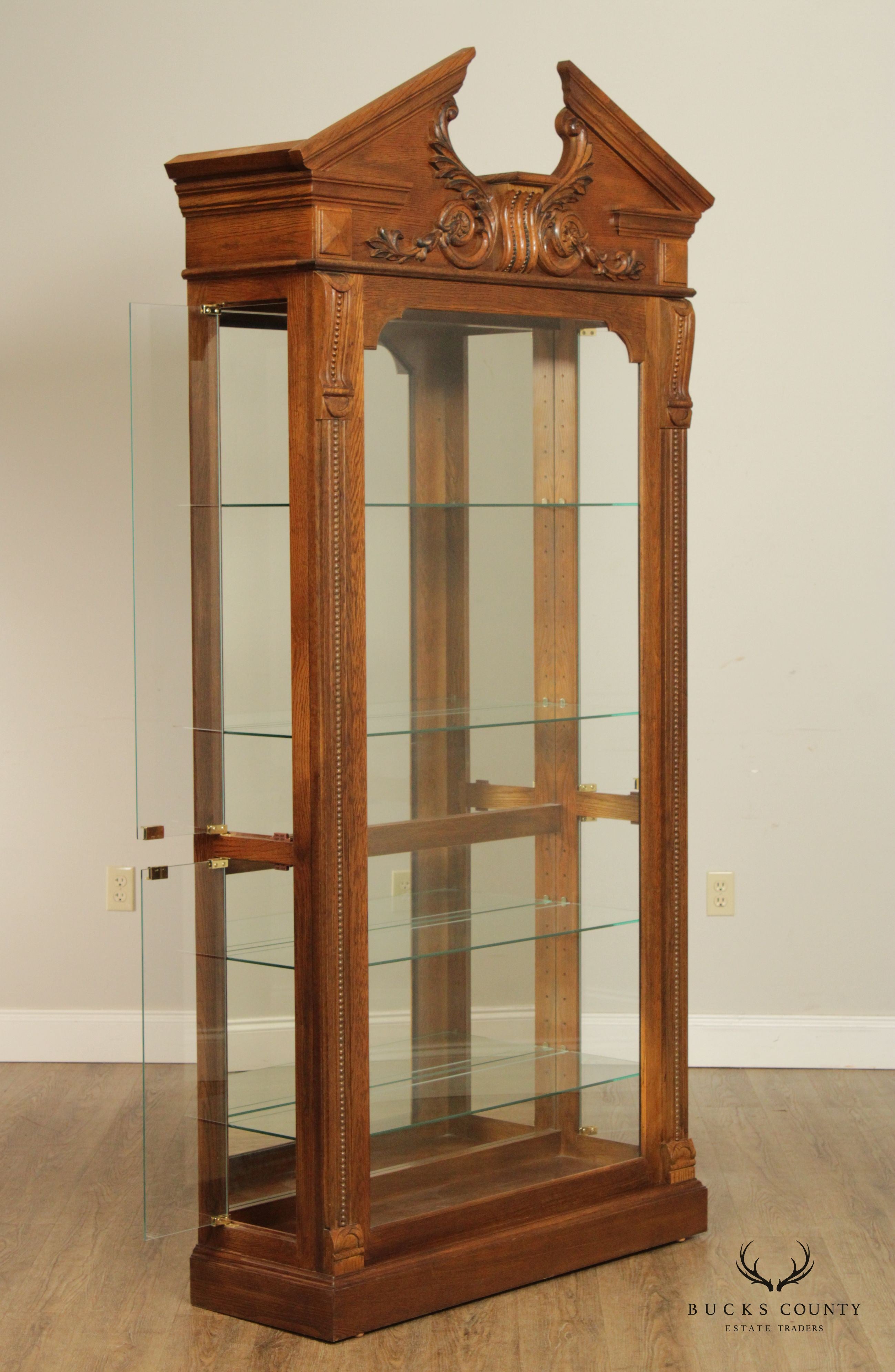 Pulaski Furniture Greek Revival Style Carved Oak Illuminated  Display Cabinet