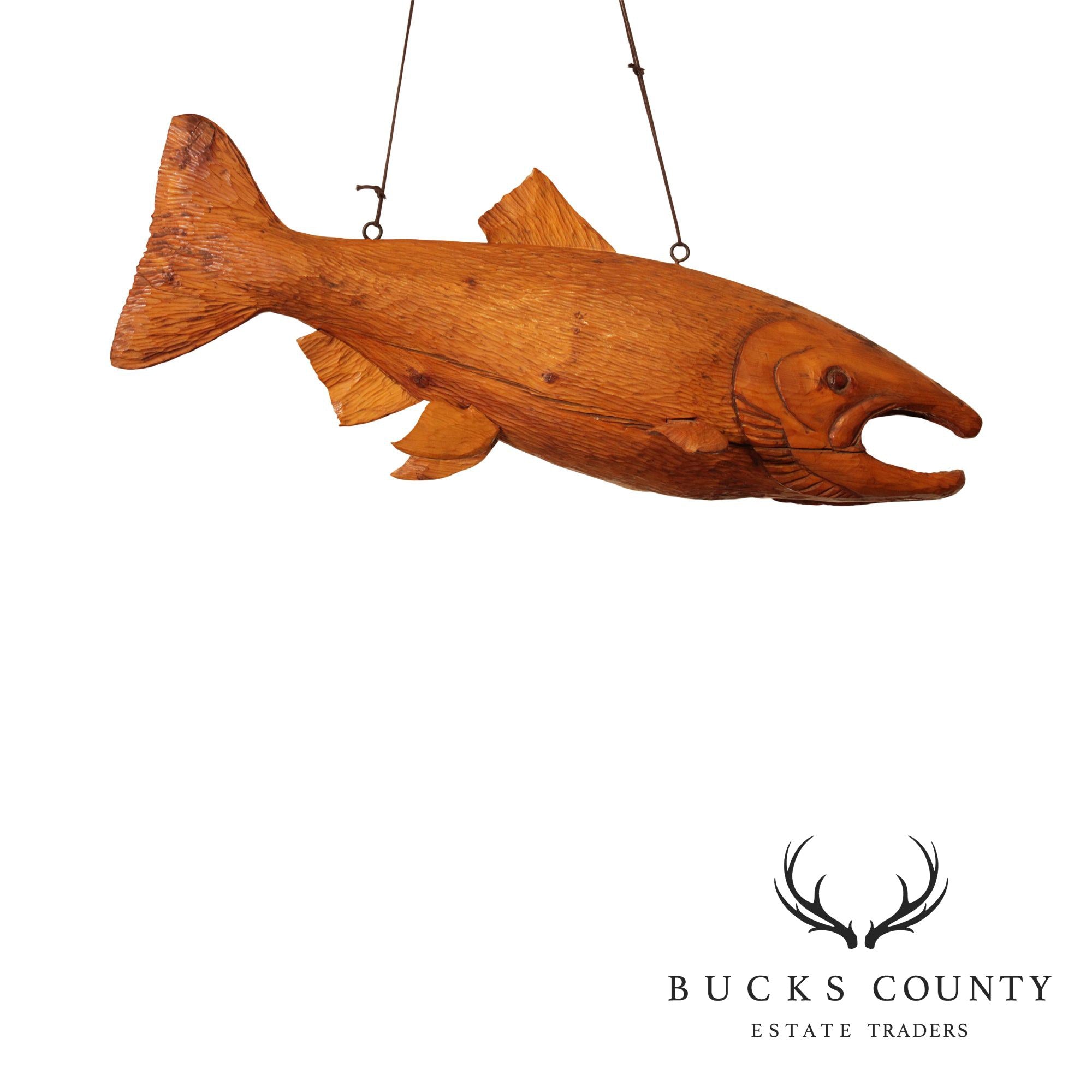 Vintage Rustic Wood Carved Salmon