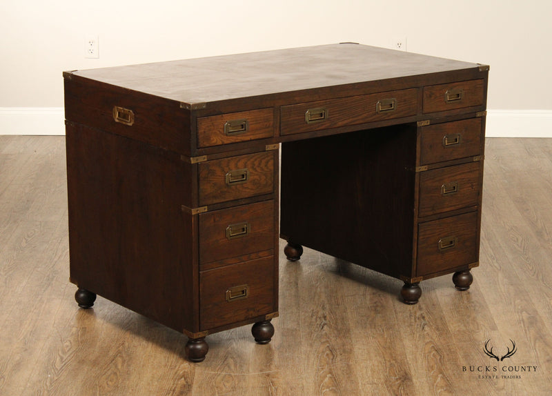 Campaign Style Vintage Oak Pedestal Writing Desk